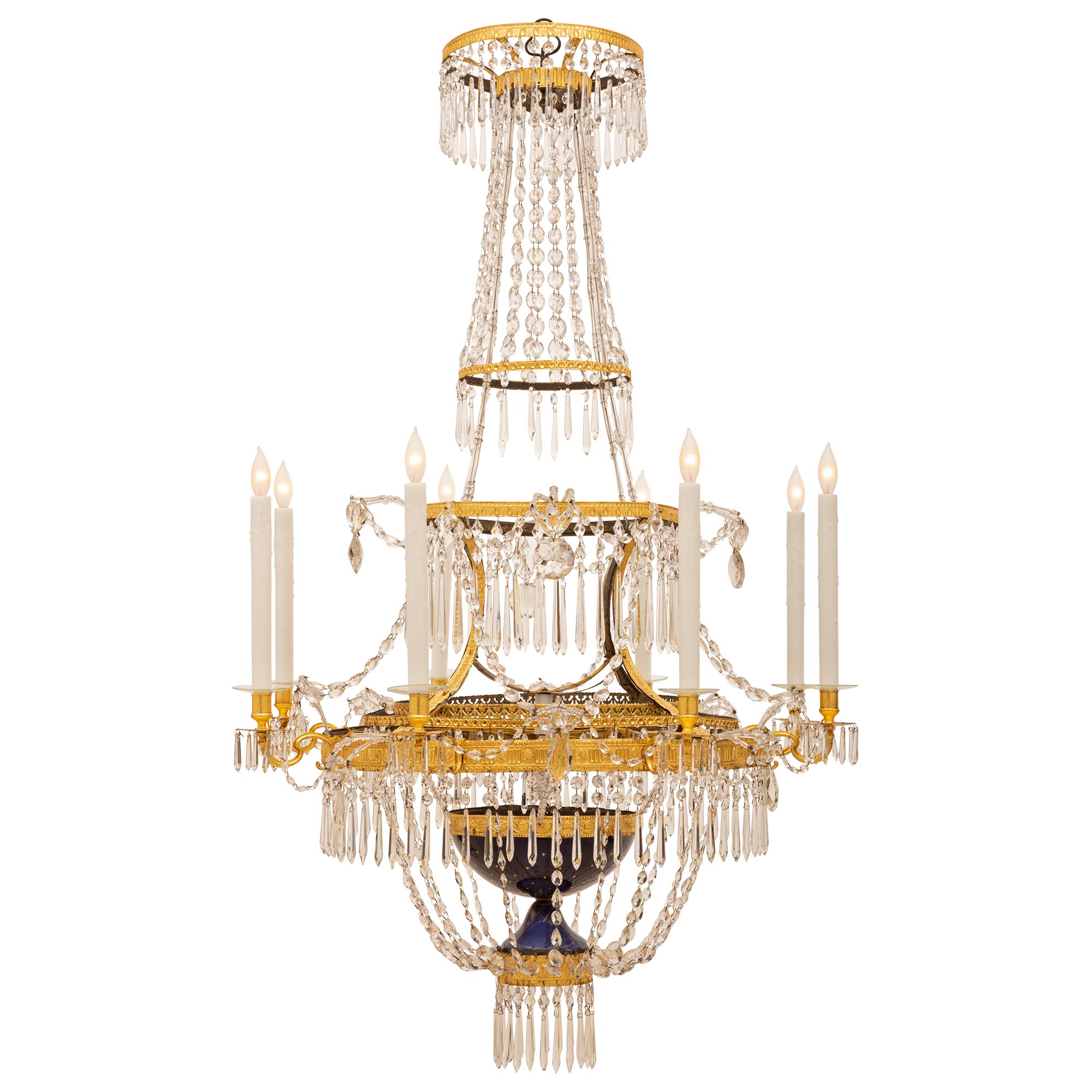 Lustre russe de style néoclassique du XIXe siècle à neuf lumières en cristal doré