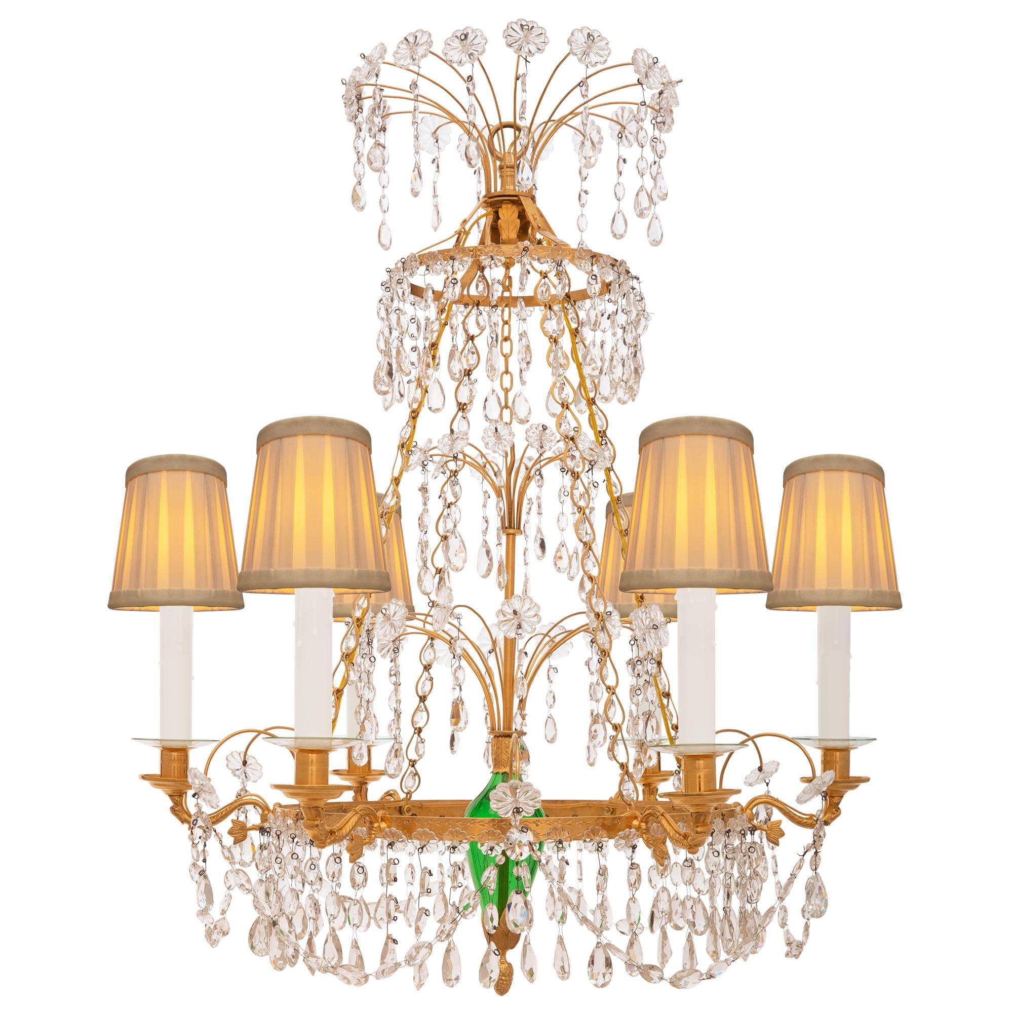 Russian 19th Century Neoclassical St. Ormolu, Crystal and Green Glass Chandelier For Sale 2