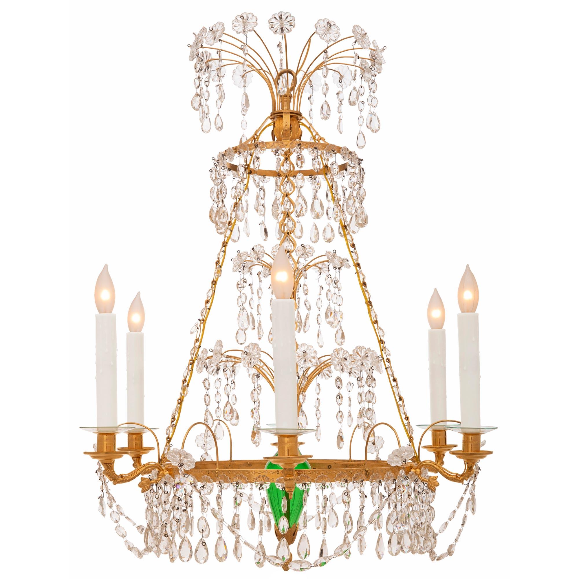 Russian 19th Century Neoclassical St. Ormolu, Crystal and Green Glass Chandelier For Sale 3