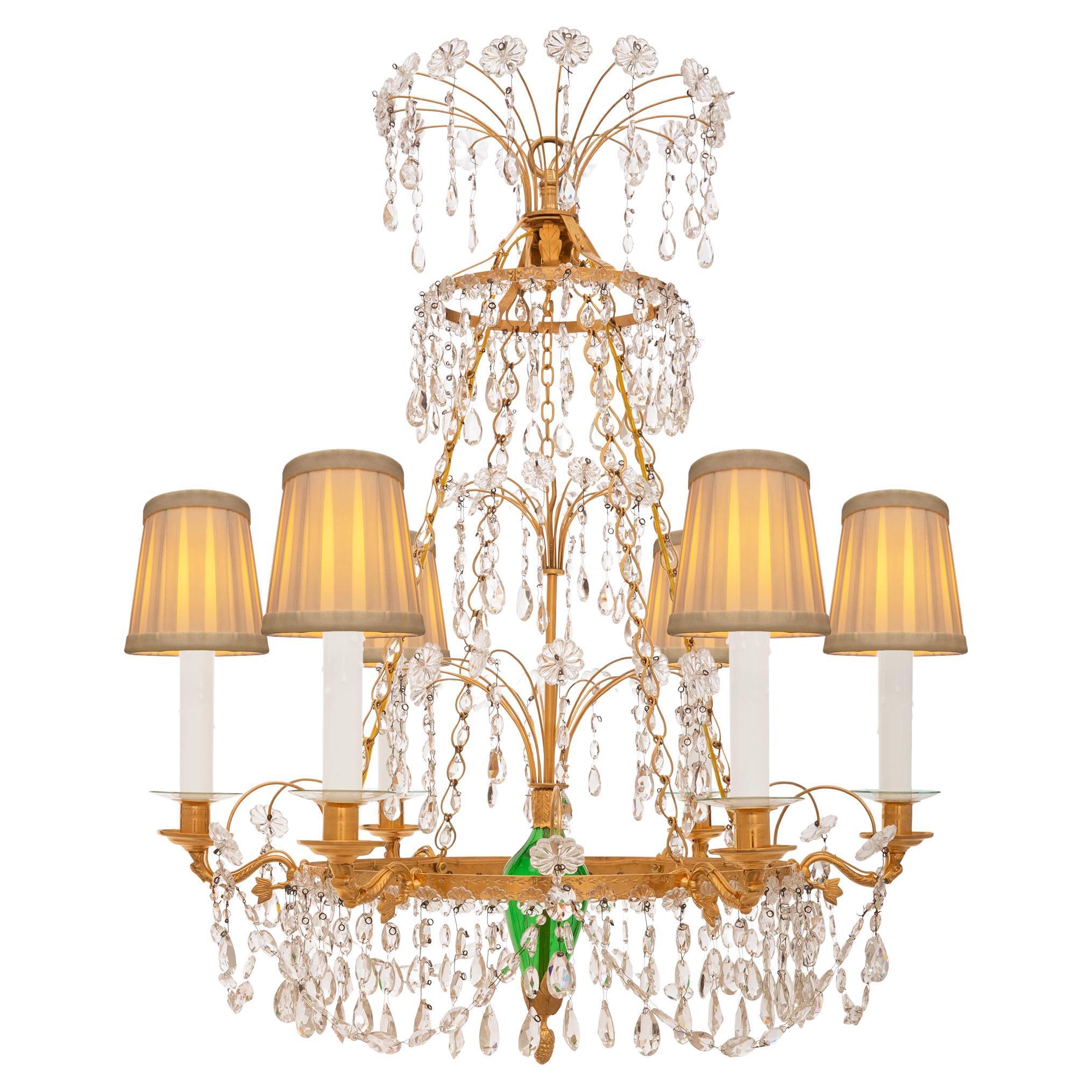 Russian 19th Century Neoclassical St. Ormolu, Crystal and Green Glass Chandelier For Sale