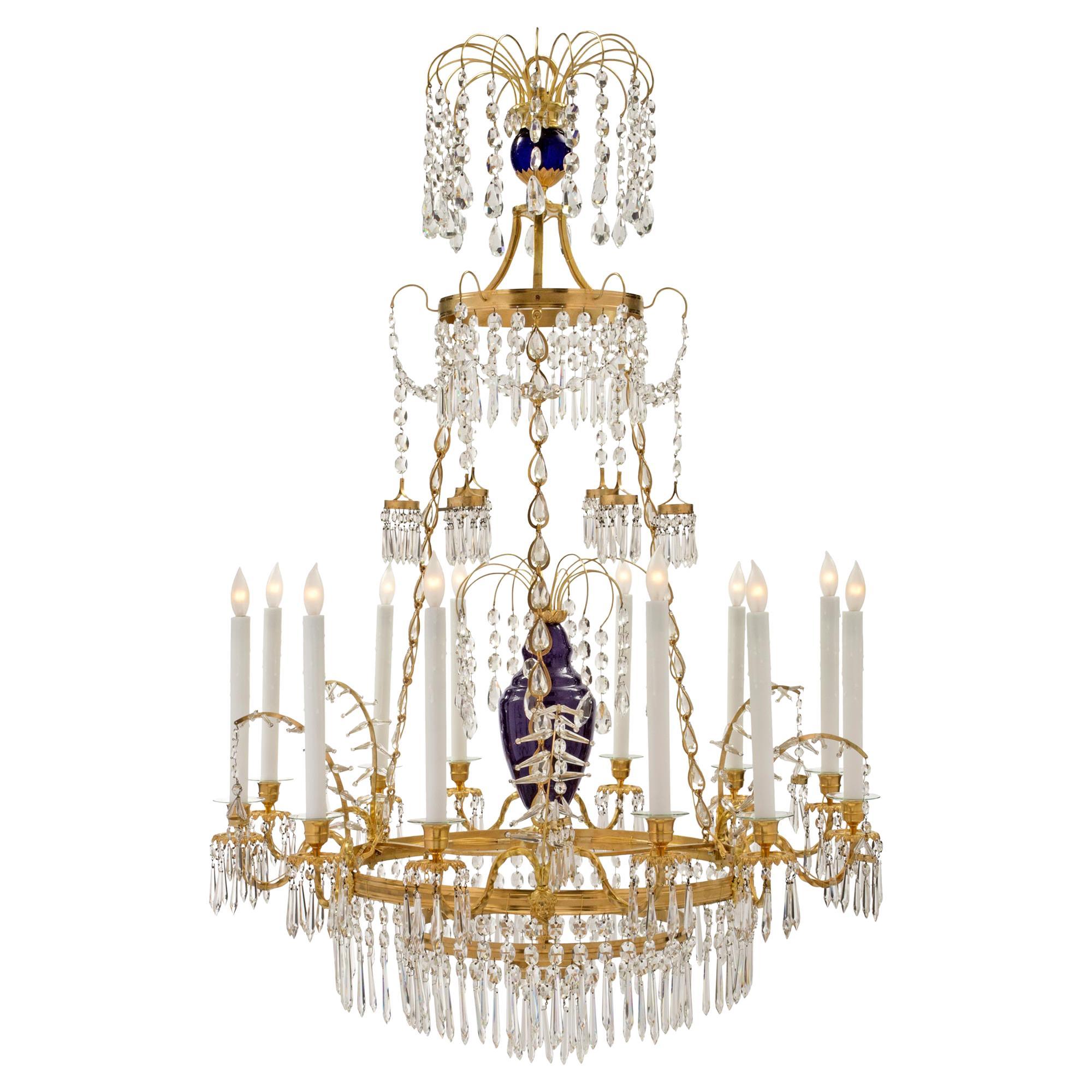 Russian 19th Century Neoclassical Style Glass, Crystal and Ormolu Chandelier For Sale