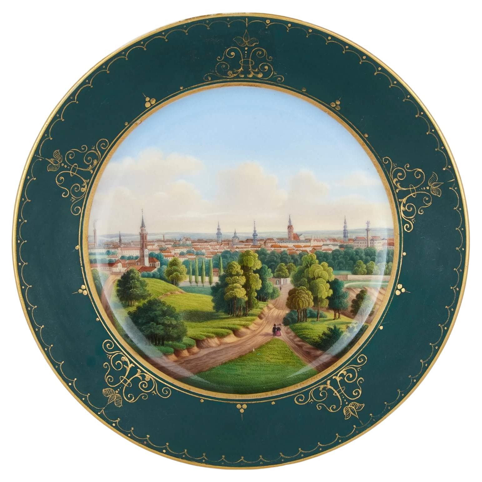 Russian 19th Century porcelain plate with painted landscape of Riga For Sale