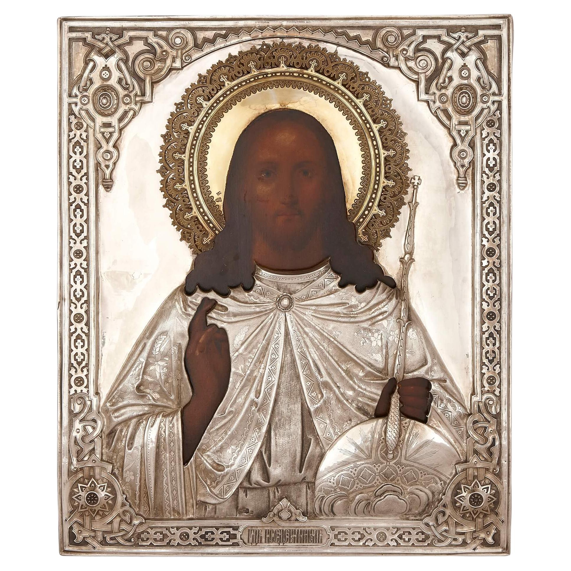 Icône du Christ Pantocrateur russe en argent du 19ème siècle