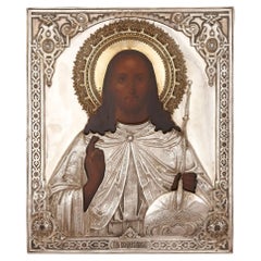 Russisches Silber-Ikone des Christus-Pantokraten aus dem 19. Jahrhundert