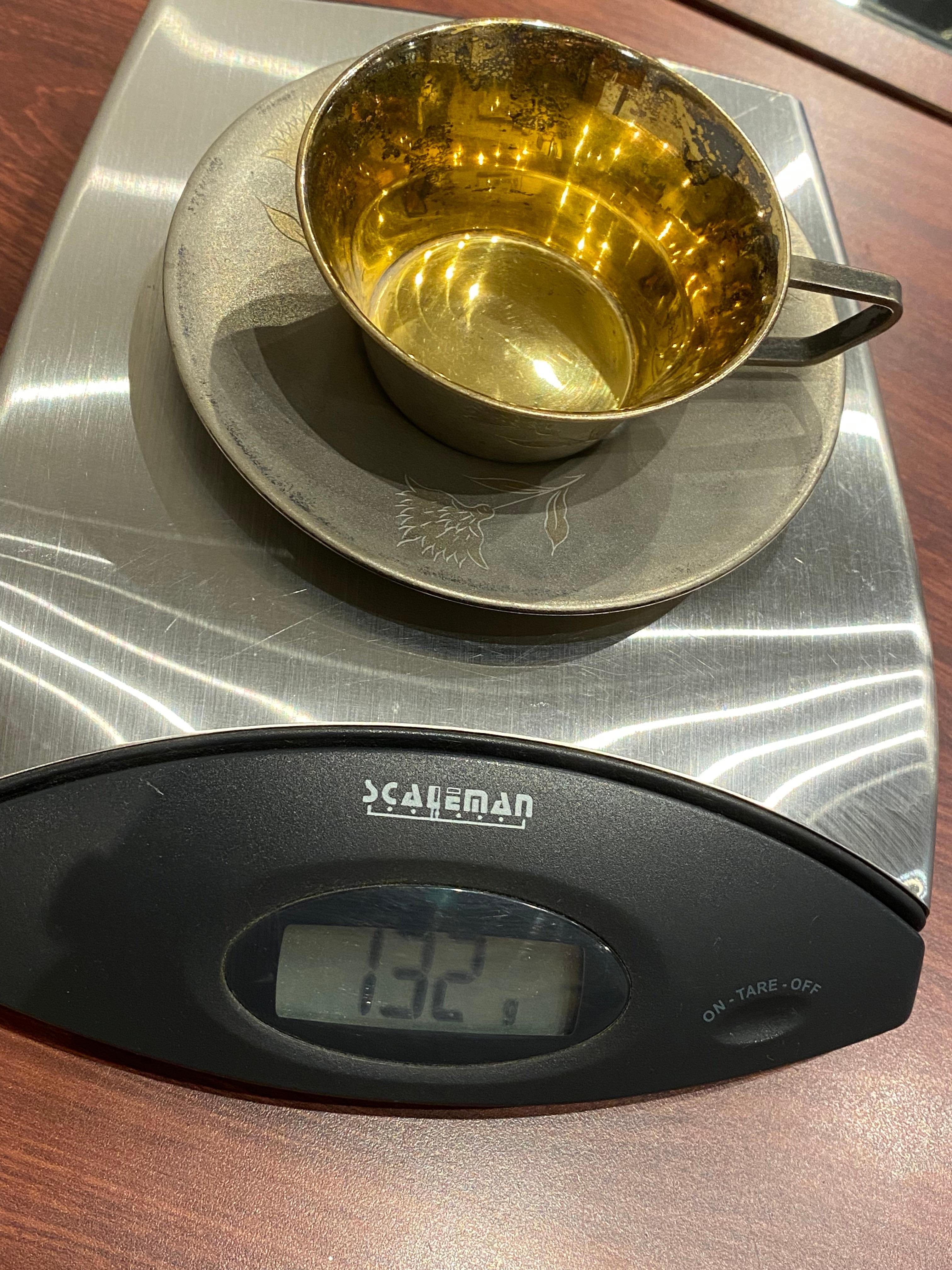 Russian 875 Silver Gilt Set: Beaker Cups, Coffee Cup & Saucer. Weight: 286gr. For Sale 7