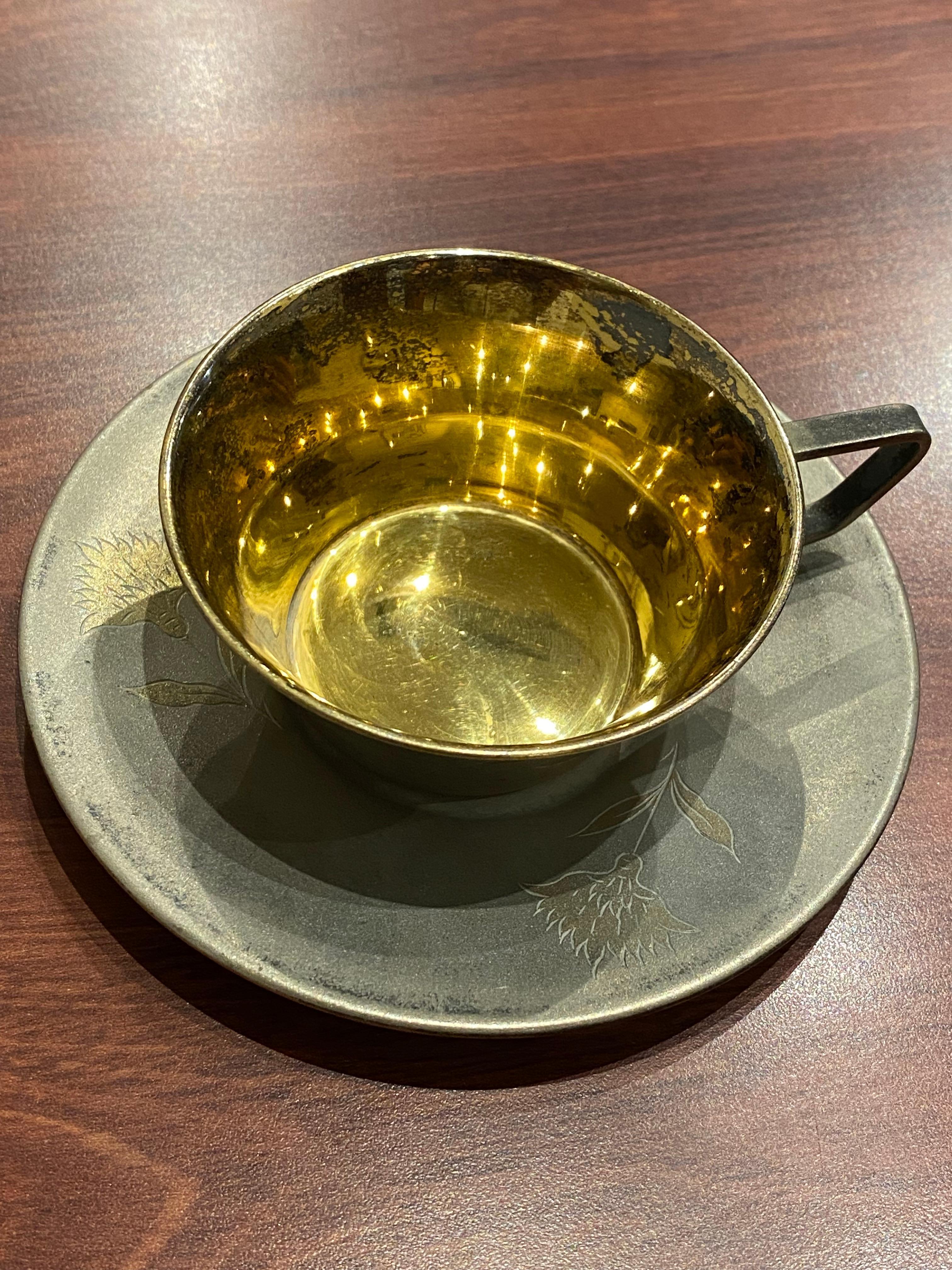 Russian 875 Silver Gilt Set: Beaker Cups, Coffee Cup & Saucer. Weight: 286gr. For Sale 9