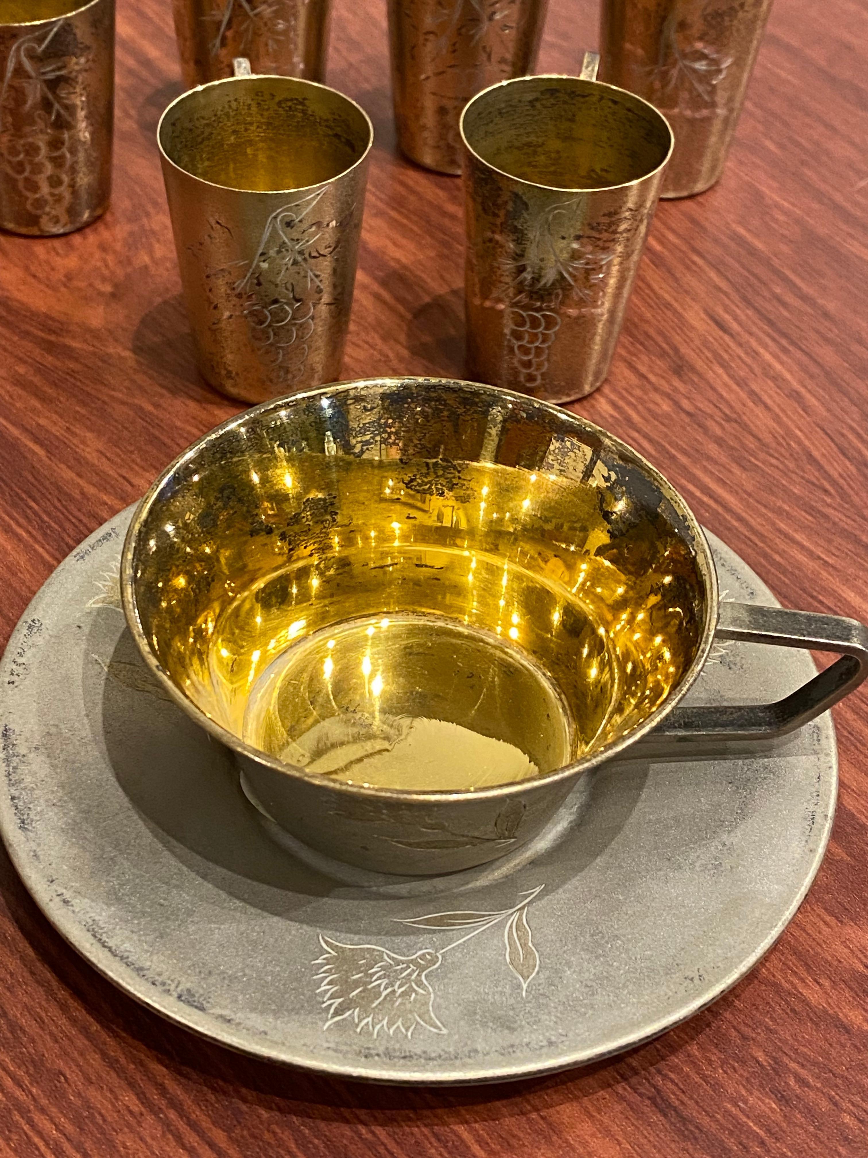 Retro Russian 875 Silver Gilt Set: Beaker Cups, Coffee Cup & Saucer. Weight: 286gr. For Sale