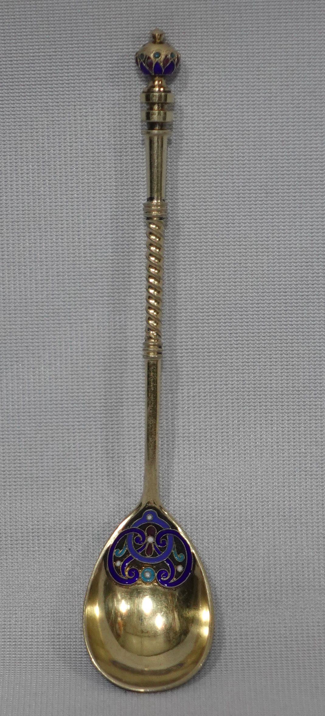 Russian .916 Gilt Silver and Cloisonné Enamel Spoon in Mahogany Box For Sale 6