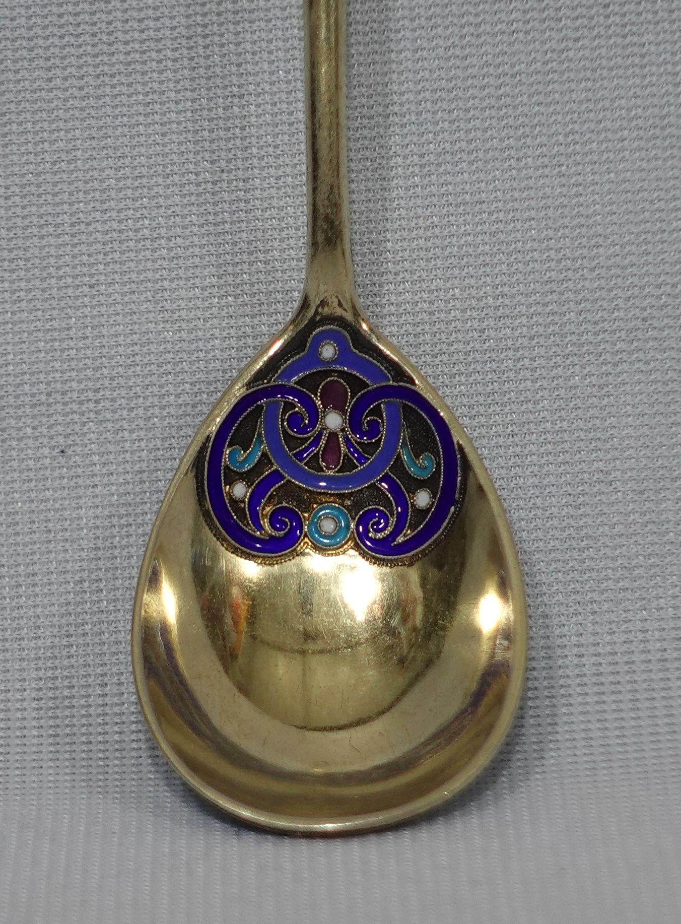Russian .916 Gilt Silver and Cloisonné Enamel Spoon in Mahogany Box For Sale 7