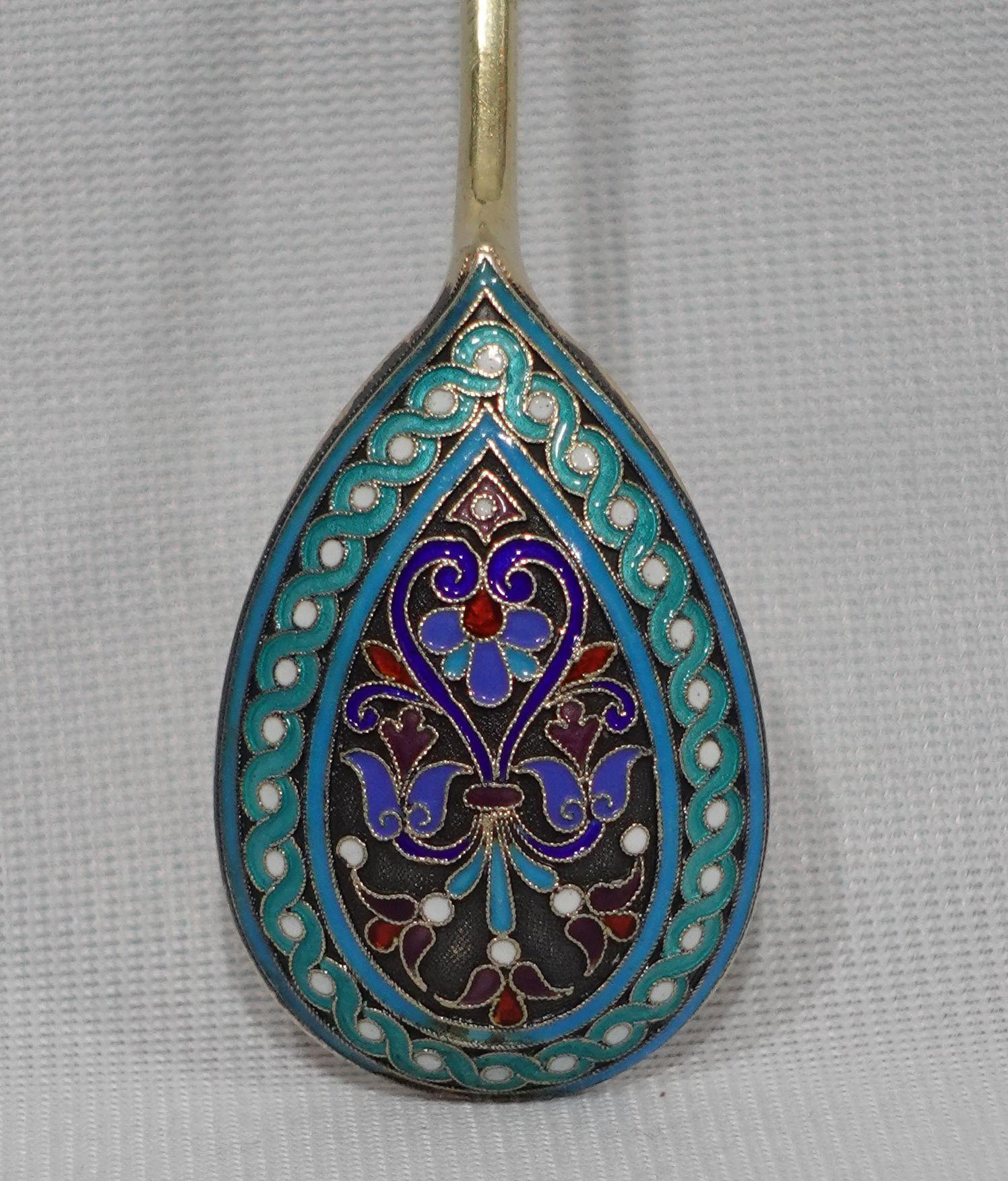 Russian .916 Gilt Silver and Cloisonné Enamel Spoon in Mahogany Box For Sale 8