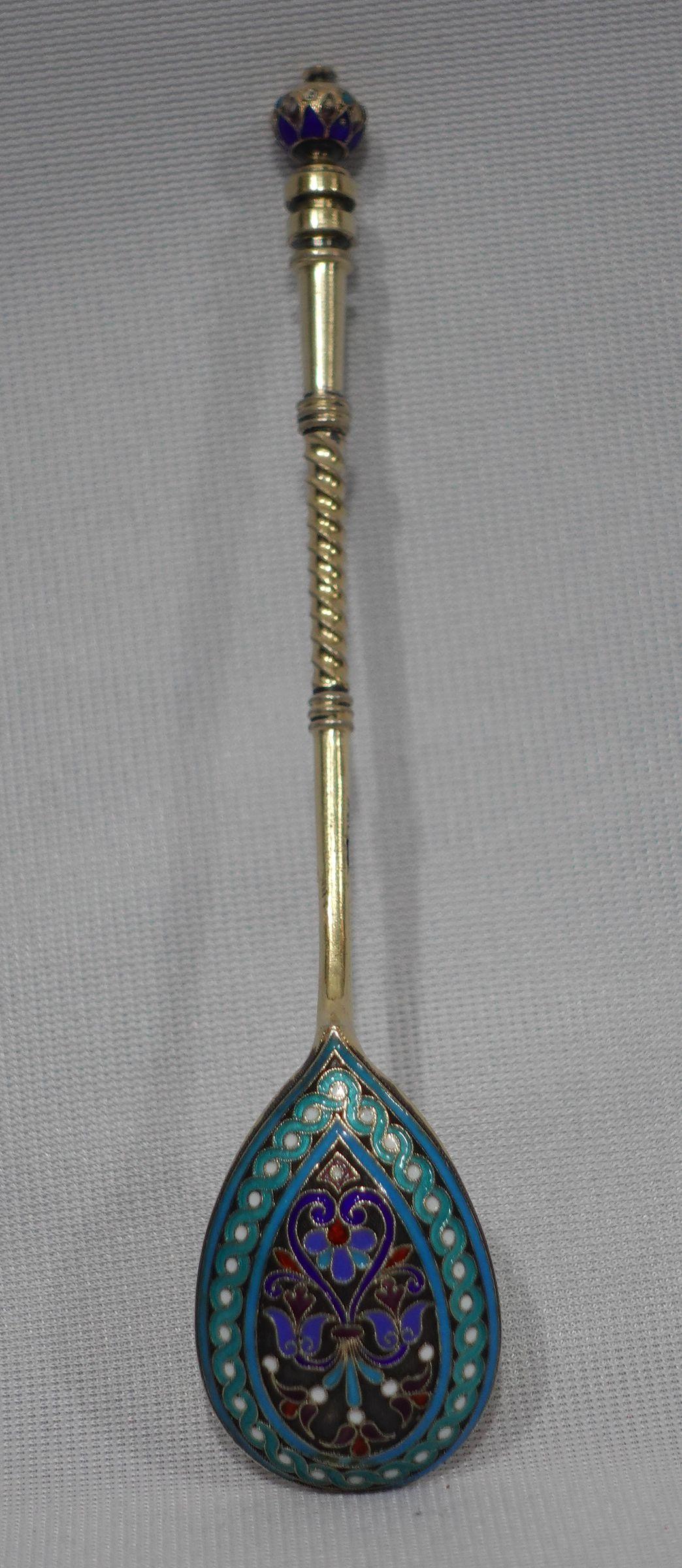 Russian .916 Gilt Silver and Cloisonné Enamel Spoon in Mahogany Box For Sale 9