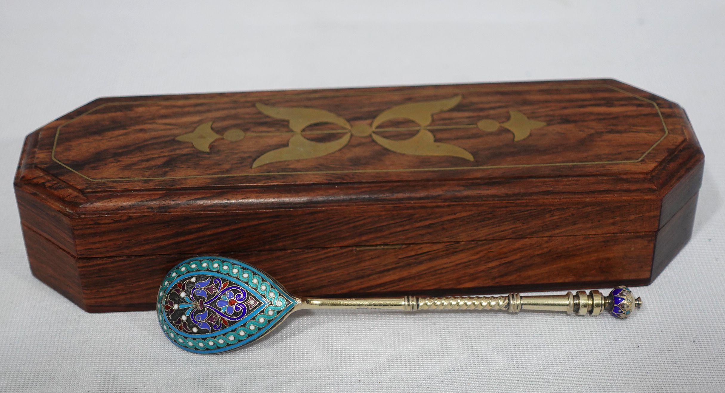 Hand-Crafted Russian .916 Gilt Silver and Cloisonné Enamel Spoon in Mahogany Box For Sale