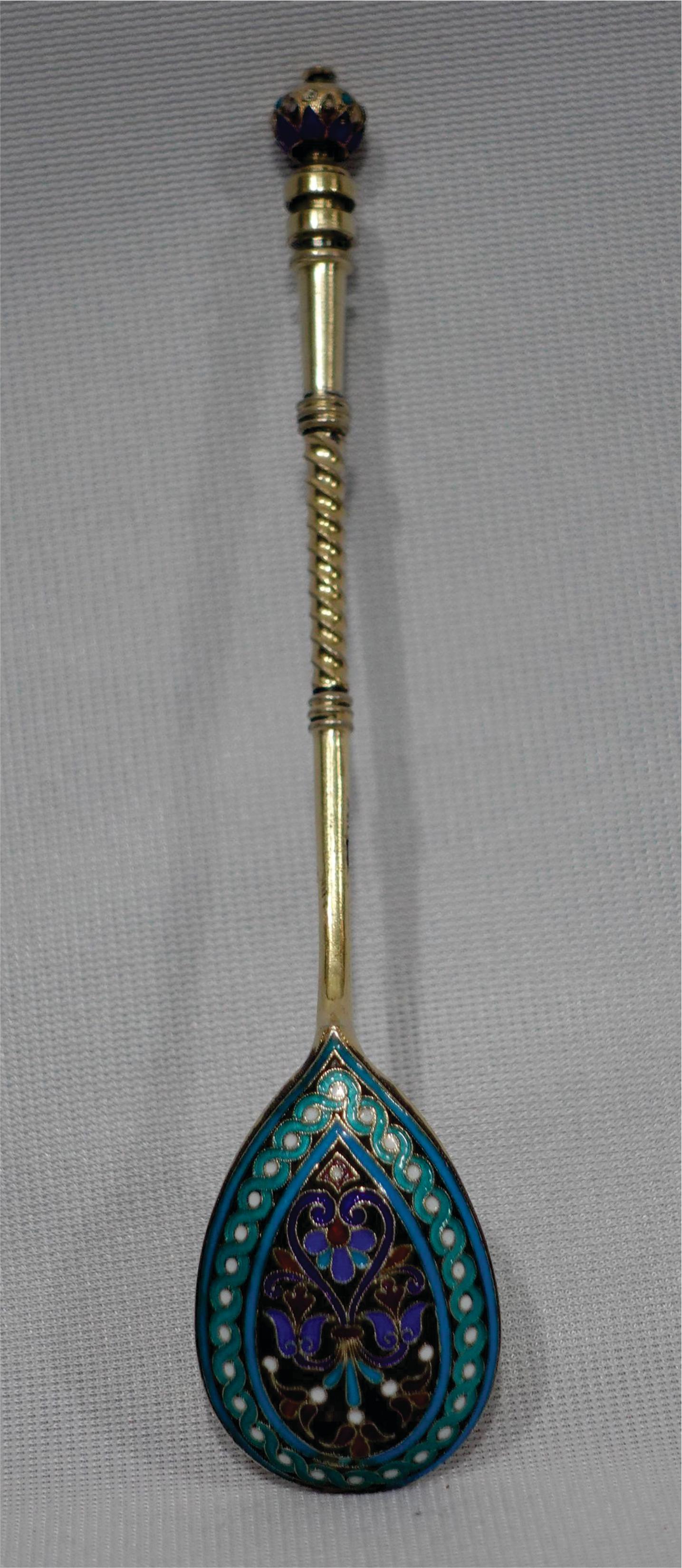 Late 19th Century Russian .916 Gilt Silver and Cloisonné Enamel Spoon in Mahogany Box For Sale