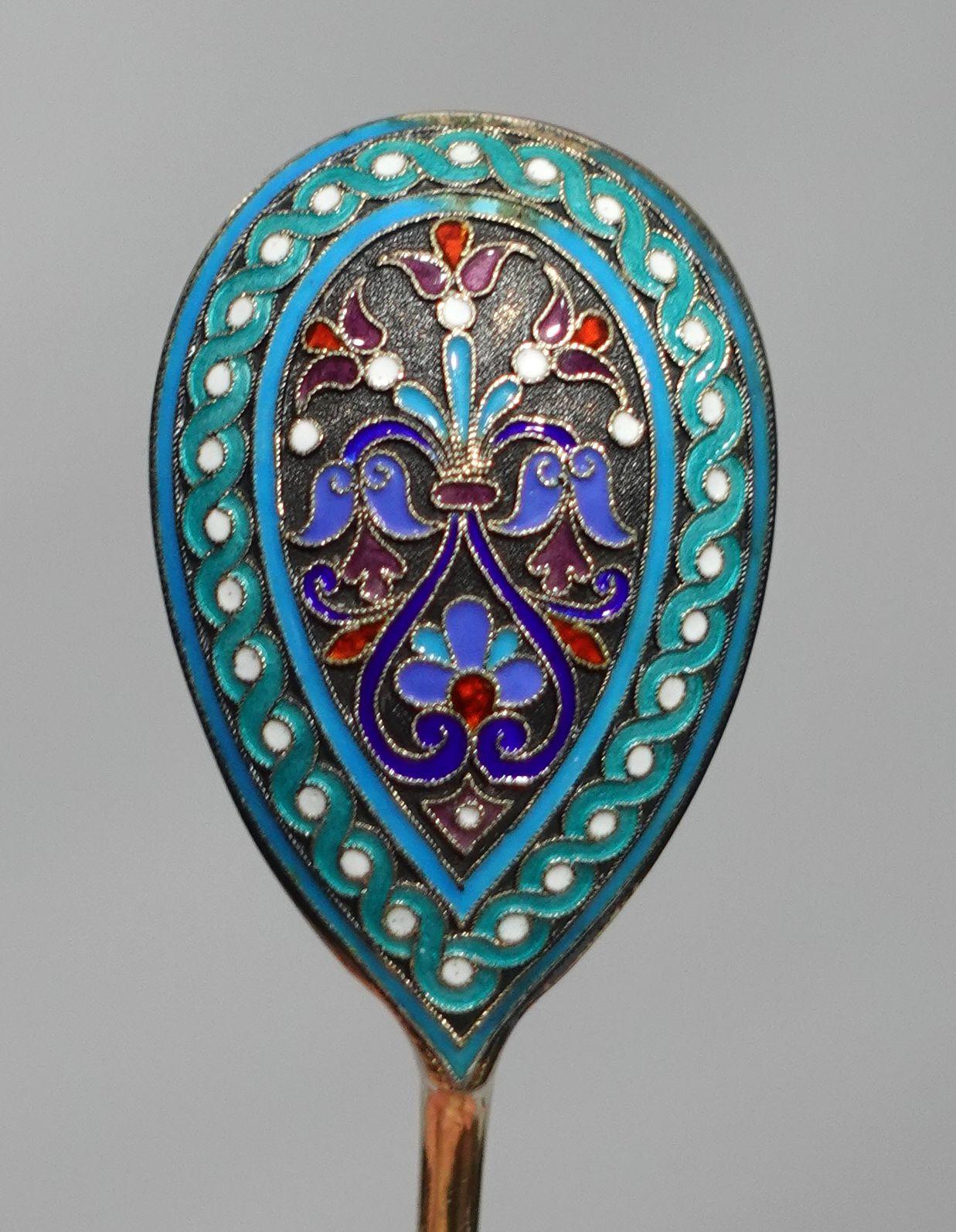 Russian .916 Gilt Silver and Cloisonné Enamel Spoon in Mahogany Box For Sale 4