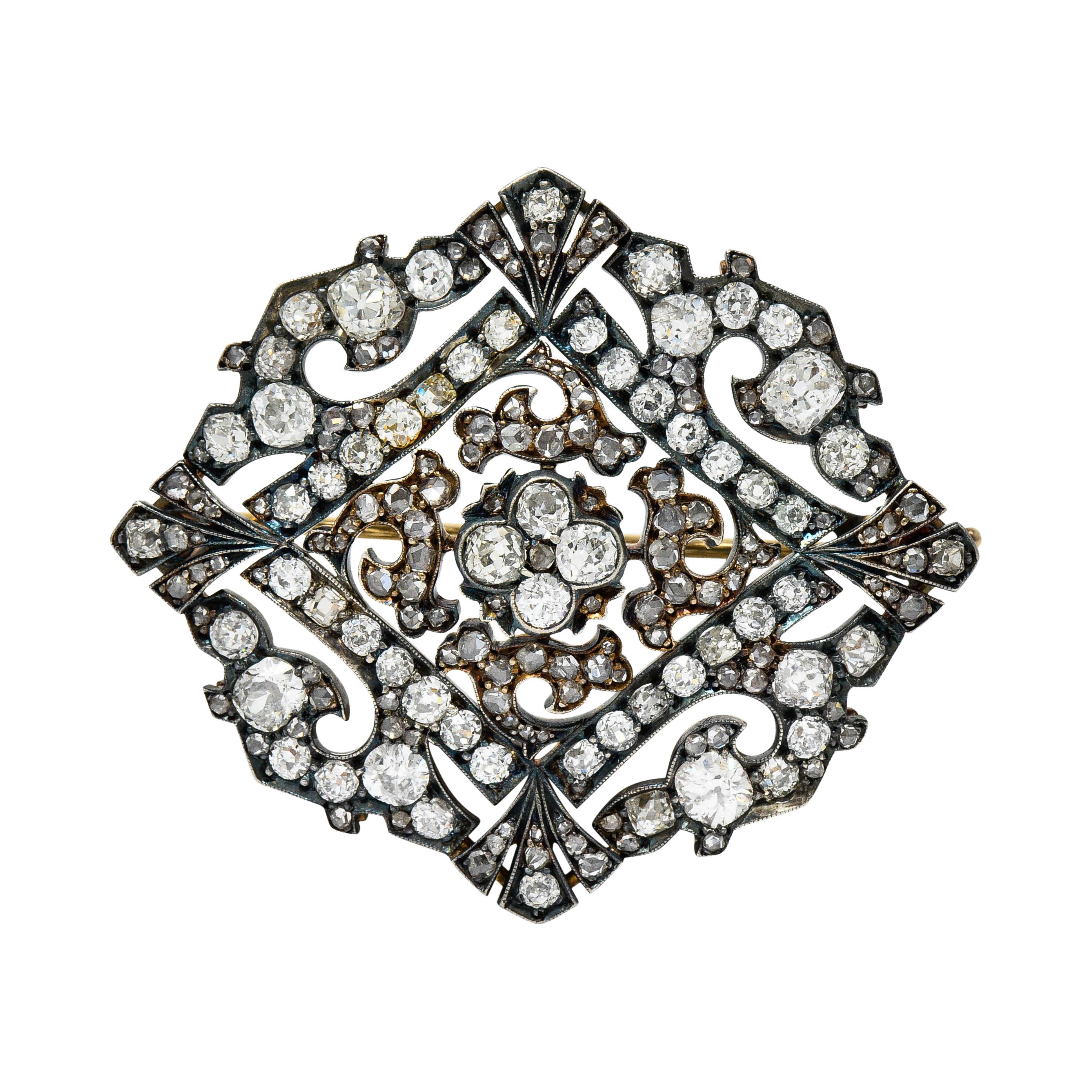 Russian 9.30 Carats Diamond Silver-Topped 14 Karat Gold Statement Brooch