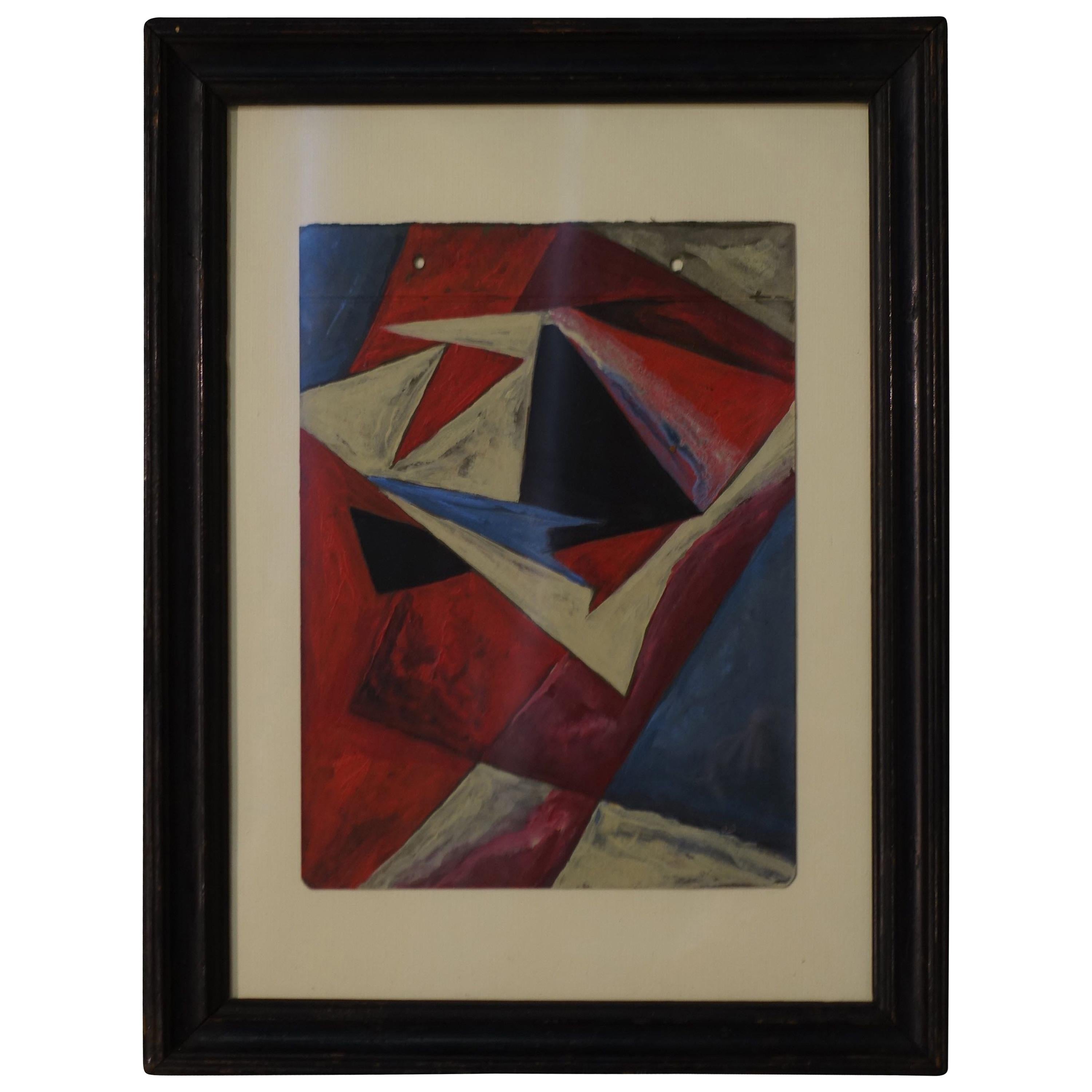 Peinture abstraite russe rouge, crème, noire et bleue, années 1930