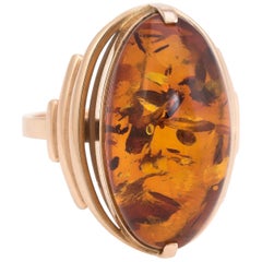 Russian Amber Cocktail Ring Vintage 14 Karat Rose Gold Estate