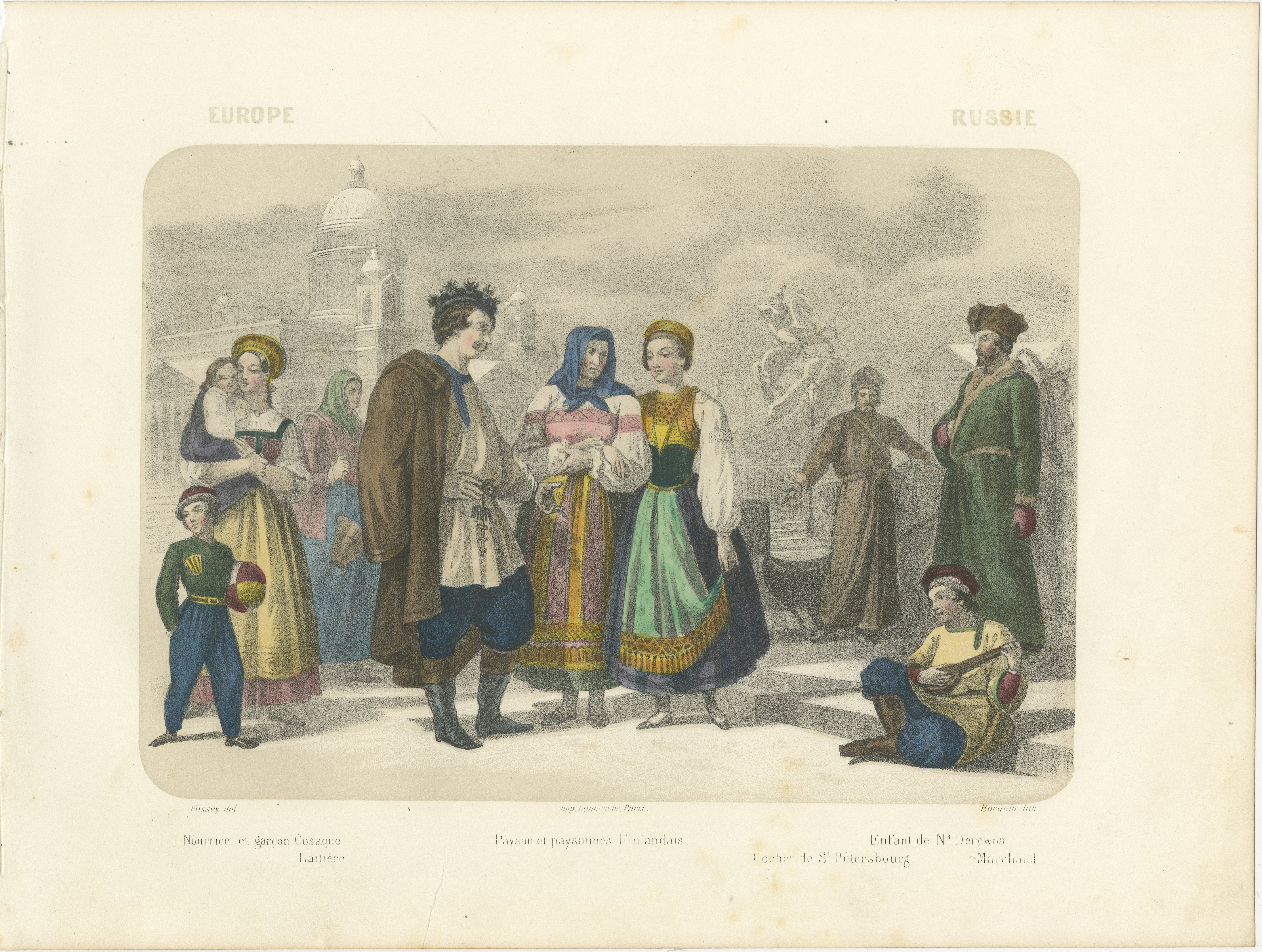 Título: Trajes Rusos y Finlandeses - Campesinos y Nobles de San Petersburgo, c.1845

Descripción:
Esta litografía coloreada a mano con gran detalle, titulada 