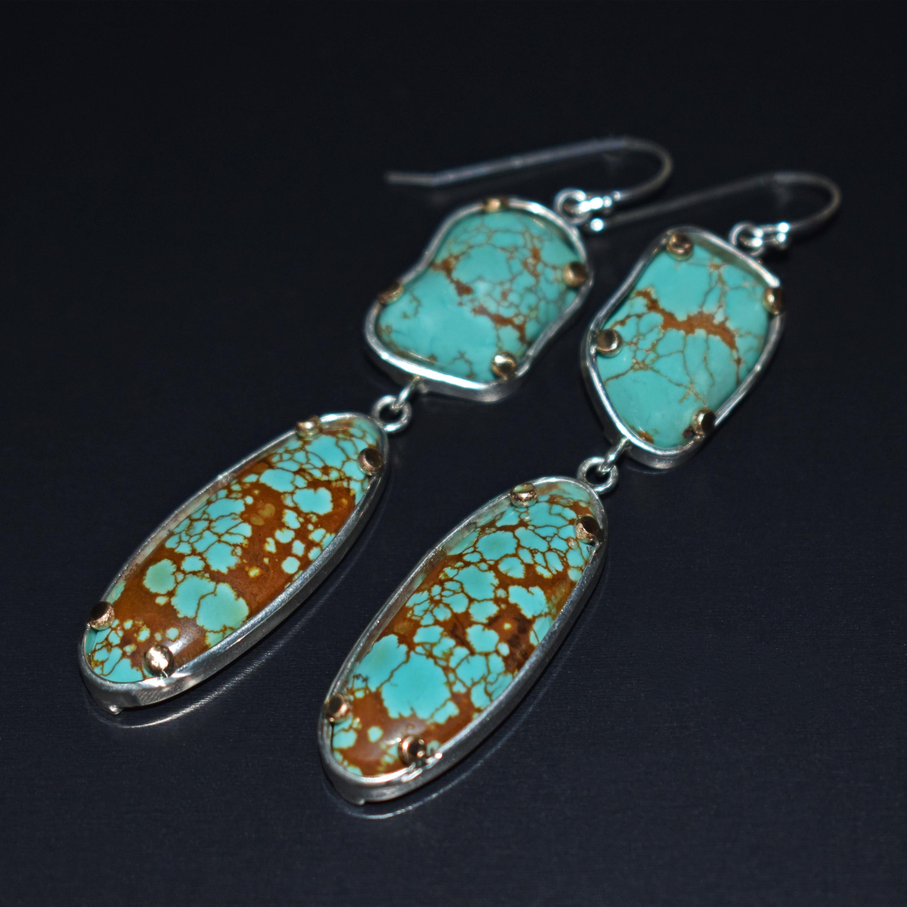 Handmade sterling silver with 14k yellow gold accents dangle earrings featuring gorgeous, natural Turquoise from Russia and the Number 8 Turquoise mine in Nevada, USA. Earrings are 2.88 inches in length.