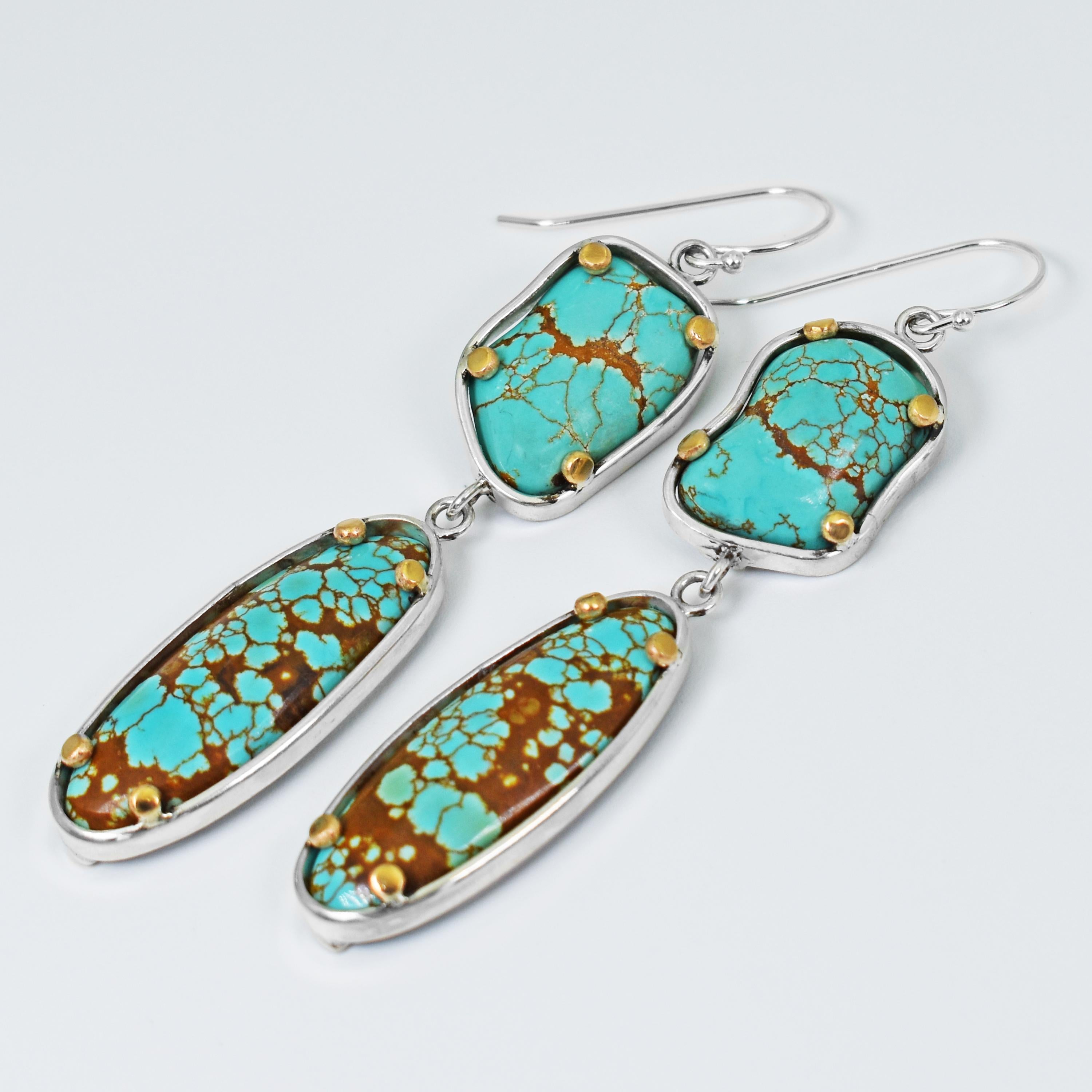 Cabochon Russian and Number 8 Turquoise Two-Tone Dangle Earrings