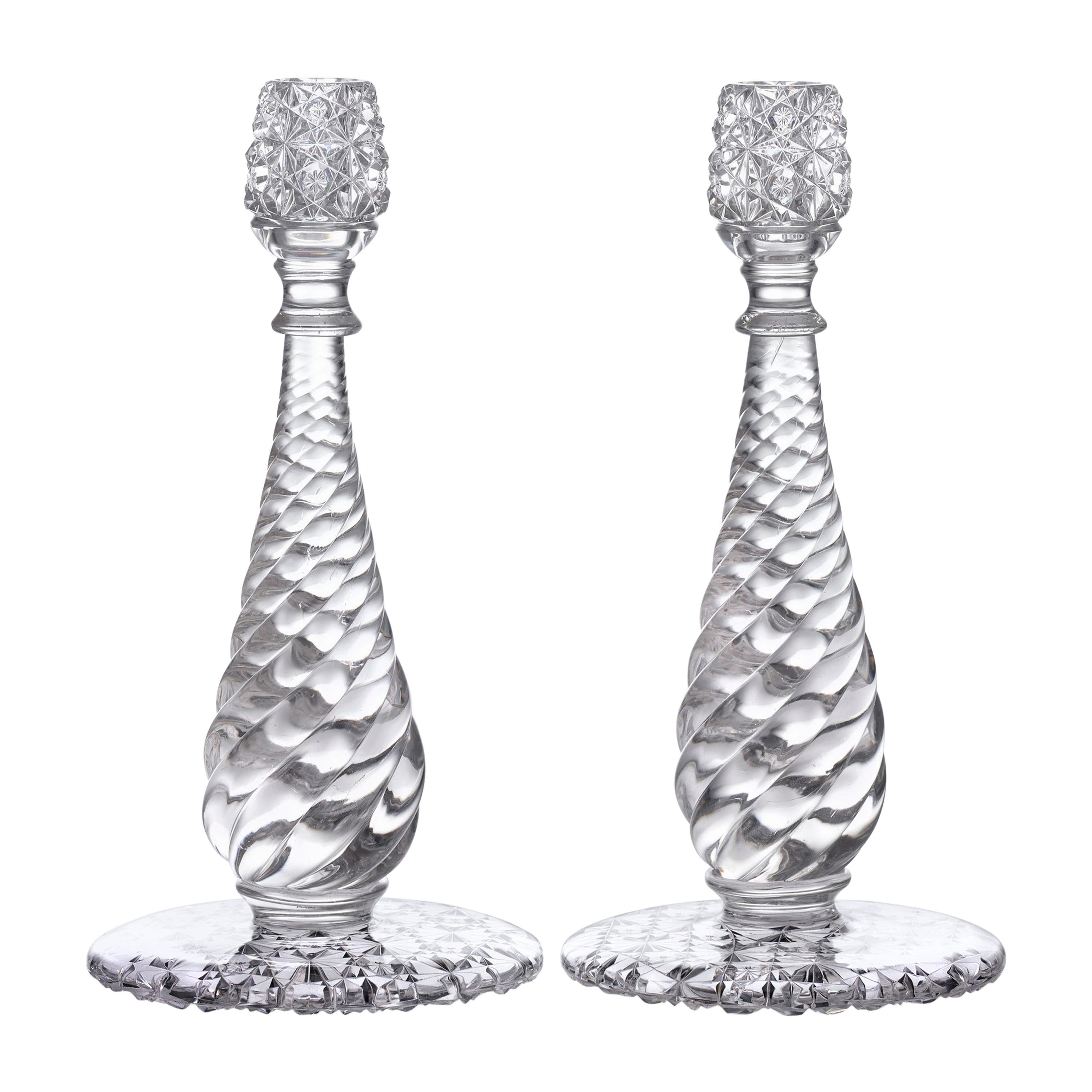 Russian and Swirl Pattern Cut Glass Candlesticks For Sale