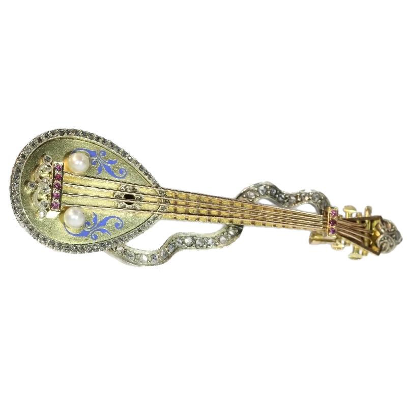 94 rose cut diamonds all encrusted in silver carry you through this 14K red gold Russian Victorian brooch, starting from the stringed musical instrument's head with miniature tuning pegs and via the draping strap over to the body embellished with a