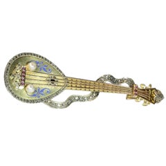 Russian Antique Brooch Mandoline or Domra with Enamel, 1910s