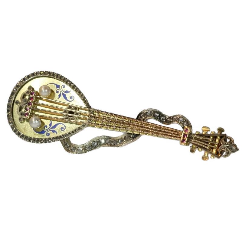 Late Victorian Russian Antique Brooch Mandoline or Domra with Enamel, 1910s    For Sale