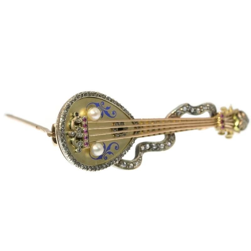 Women's or Men's Russian Antique Brooch Mandoline or Domra with Enamel, 1910s    For Sale