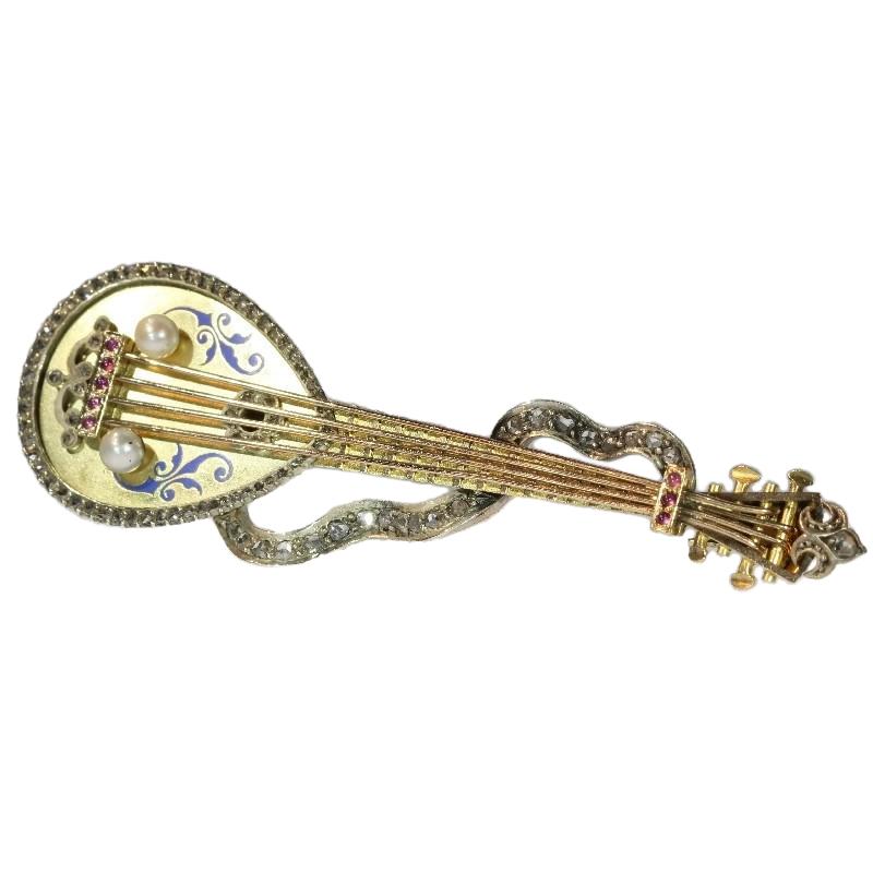 Russian Antique Brooch Mandoline or Domra with Enamel, 1910s    For Sale 1