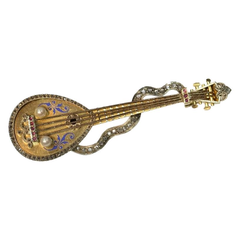 Russian Antique Brooch Mandoline or Domra with Enamel, 1910s    For Sale