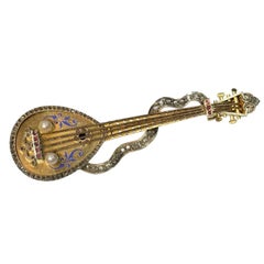 Russian Antique Brooch Mandoline or Domra with Enamel, 1910s   