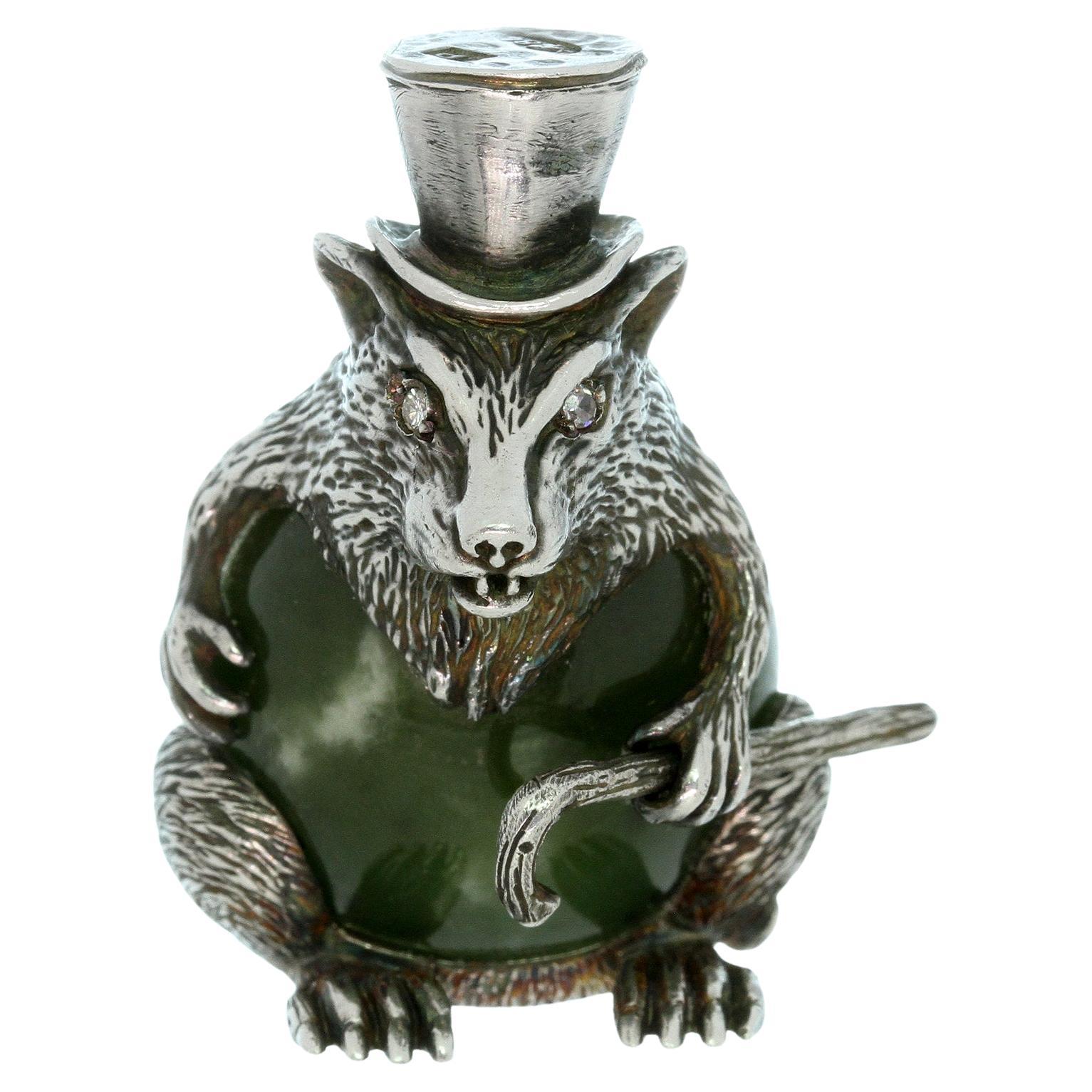 Russian Antique Imperial Nephrite Sterling Silver Rat Sculpture