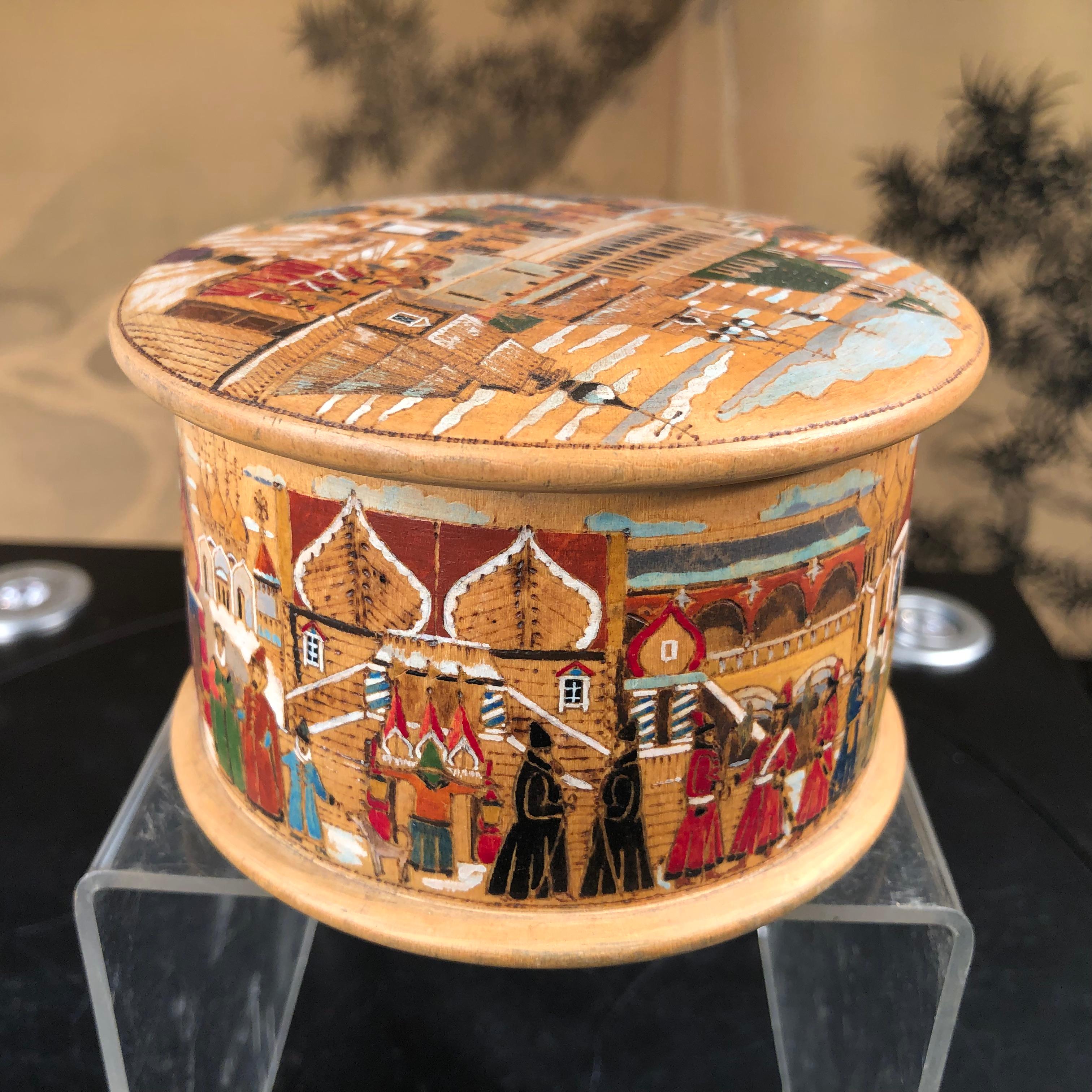 Arts and Crafts Russian Antique Kustar Painted Tobacco Box, 1930 For Sale