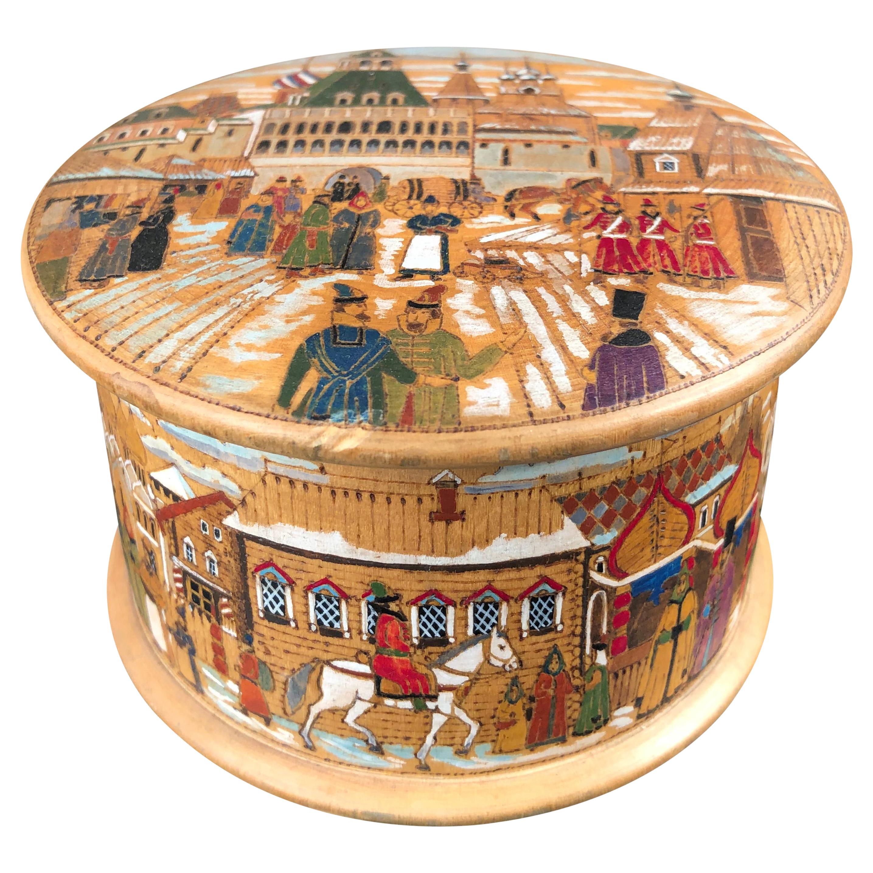 Russian Antique Kustar Painted Tobacco Box, 1930 For Sale