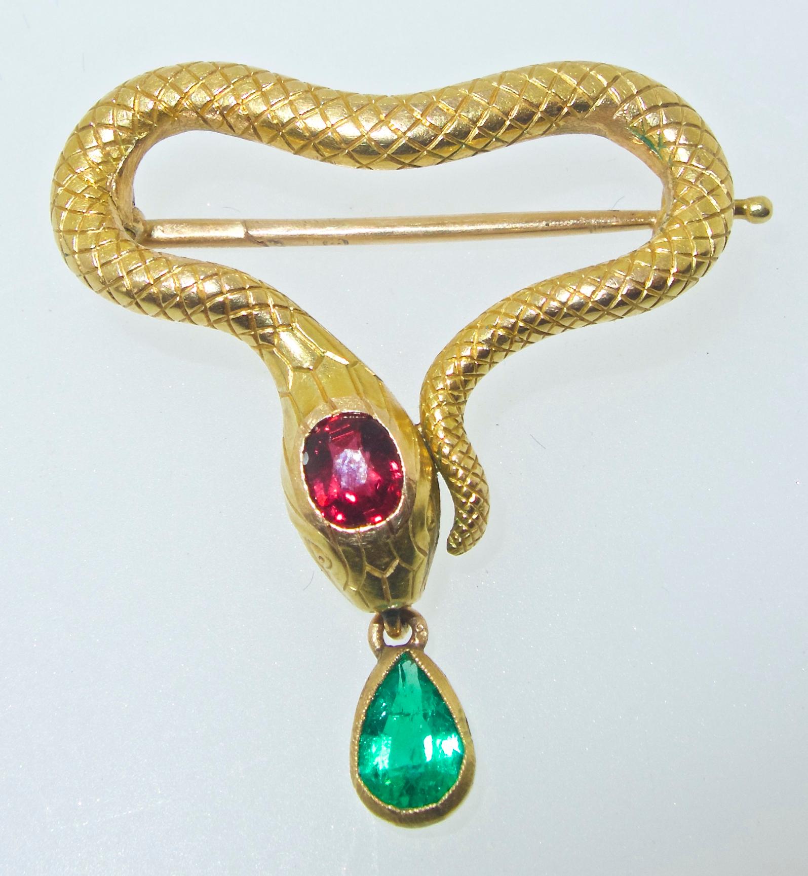 Russian Antique Ruby & Emerald Serpent Brooch Signed K. Faberge, Moscow, c. 1900 In Excellent Condition In Aspen, CO