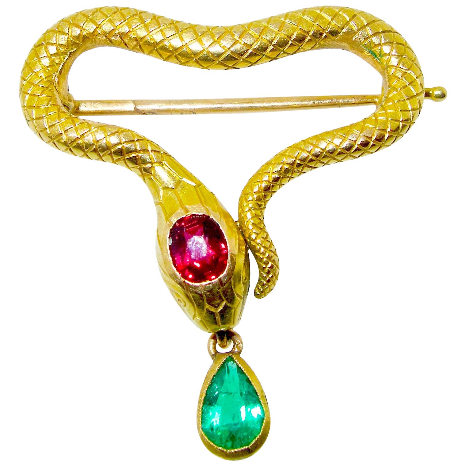 Russian Antique Ruby & Emerald Serpent Brooch Signed K. Faberge, Moscow, c. 1900