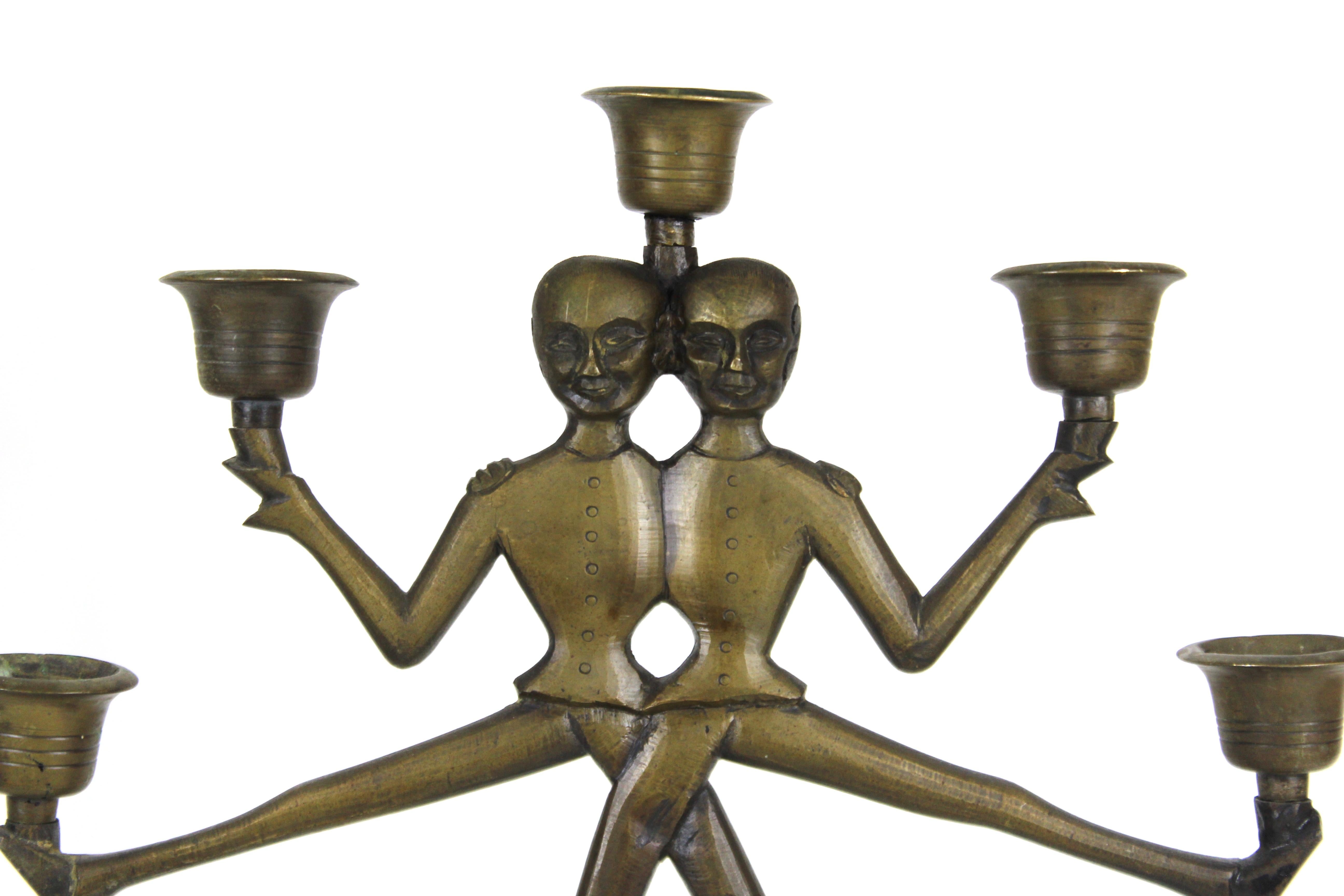 Russian Art Deco Heavy-Cast Bronze Candelabras with Dancing Cossack Acrobats In Good Condition For Sale In New York, NY