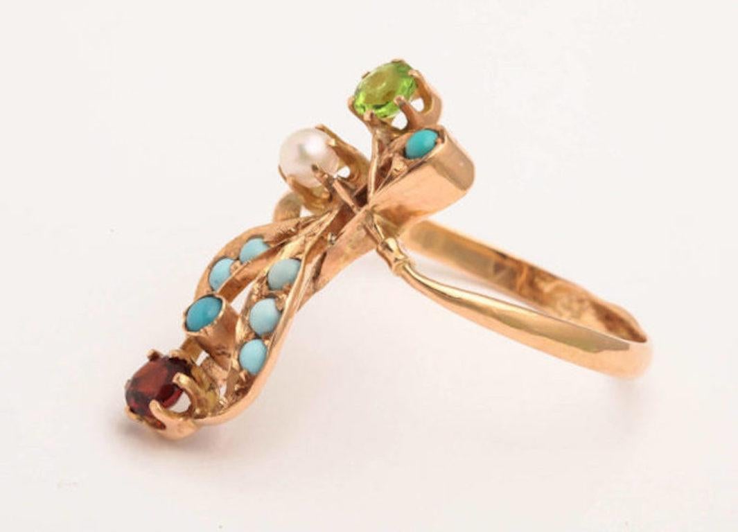 Art Nouveau Russian Turquoise Spinel Peridot Pearl Gold Ring, circa 1910