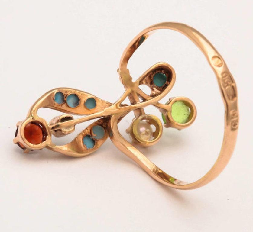 Round Cut Russian Turquoise Spinel Peridot Pearl Gold Ring, circa 1910