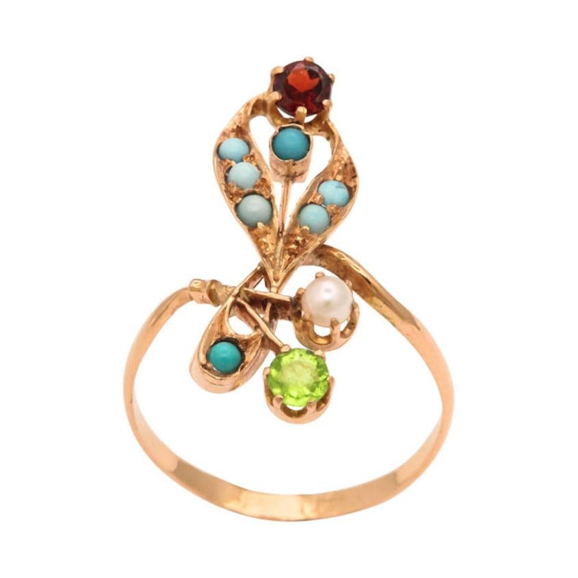 Russian Turquoise Spinel Peridot Pearl Gold Ring, circa 1910