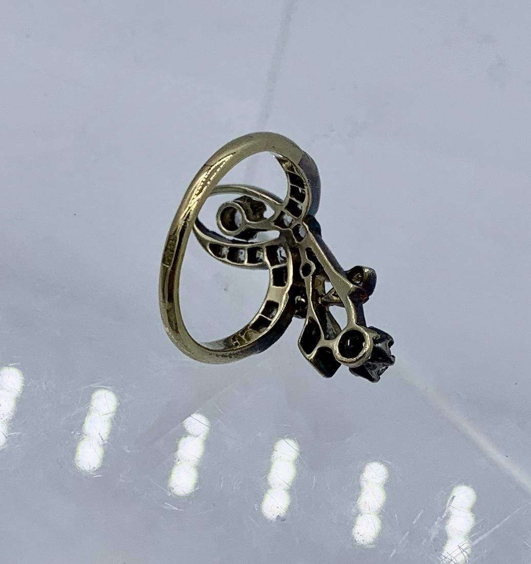 Russian Art Nouveau Old Mine Cut Diamond Flower Ring 14 Karat Gold Engagement For Sale 4