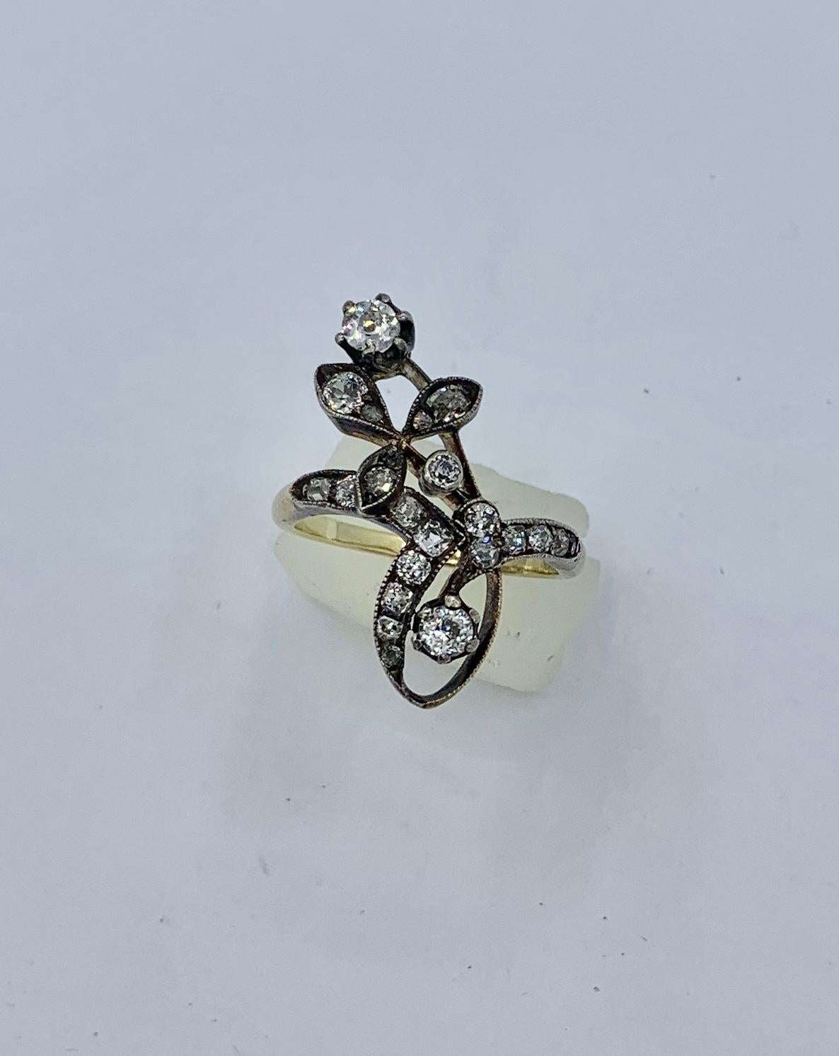 Women's Russian Art Nouveau Old Mine Cut Diamond Flower Ring 14 Karat Gold Engagement For Sale