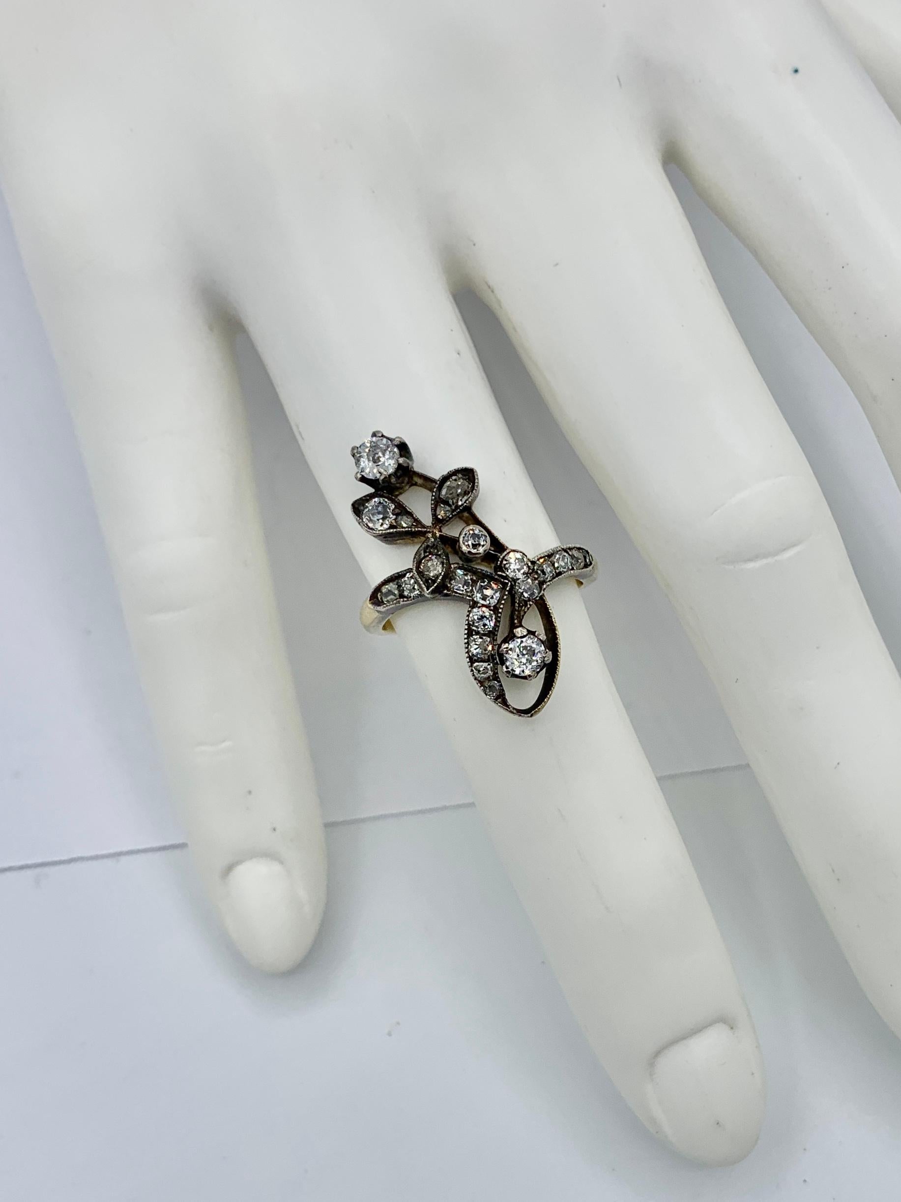 Russian Art Nouveau Old Mine Cut Diamond Flower Ring 14 Karat Gold Engagement For Sale 1