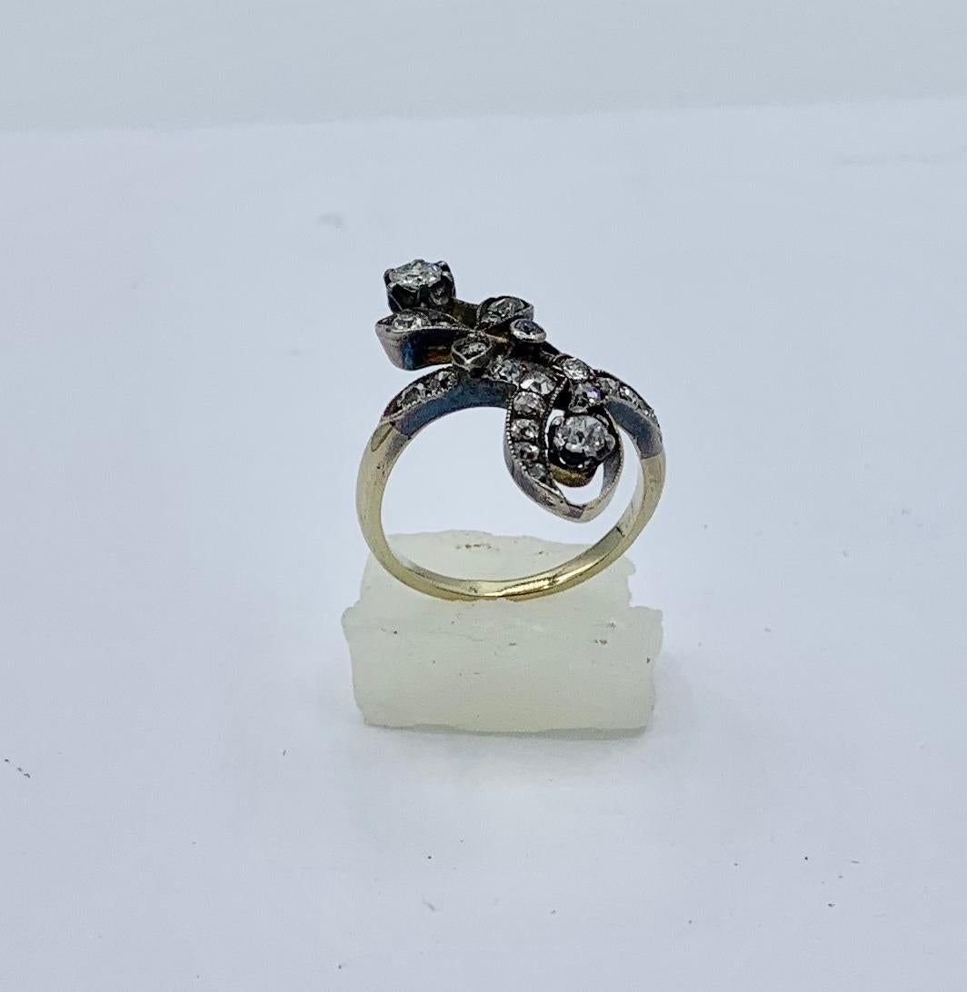 Russian Art Nouveau Old Mine Cut Diamond Flower Ring 14 Karat Gold Engagement For Sale 3
