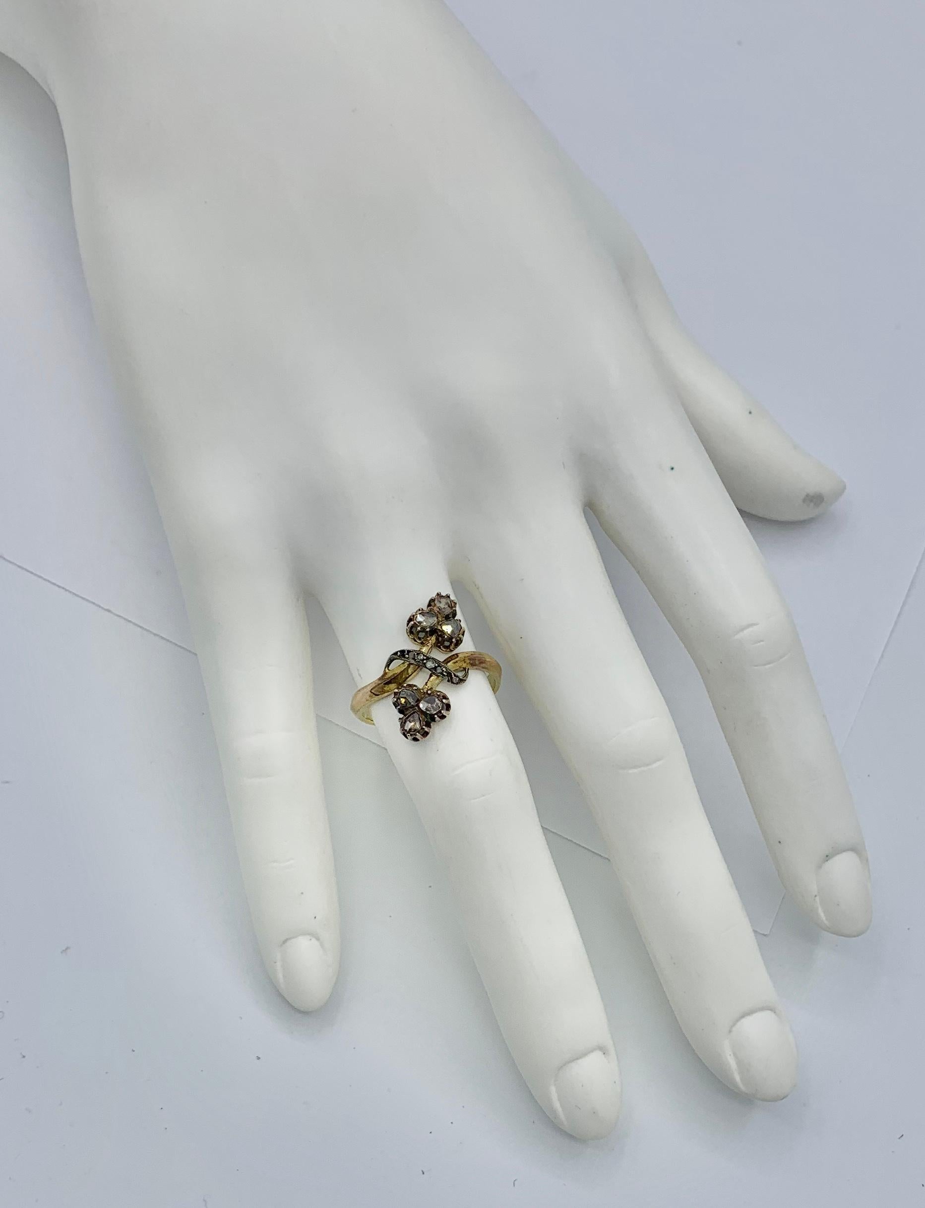 Russian Art Nouveau Rose Cut Diamond Ring Flower Clover 14 Karat Gold In Good Condition For Sale In New York, NY
