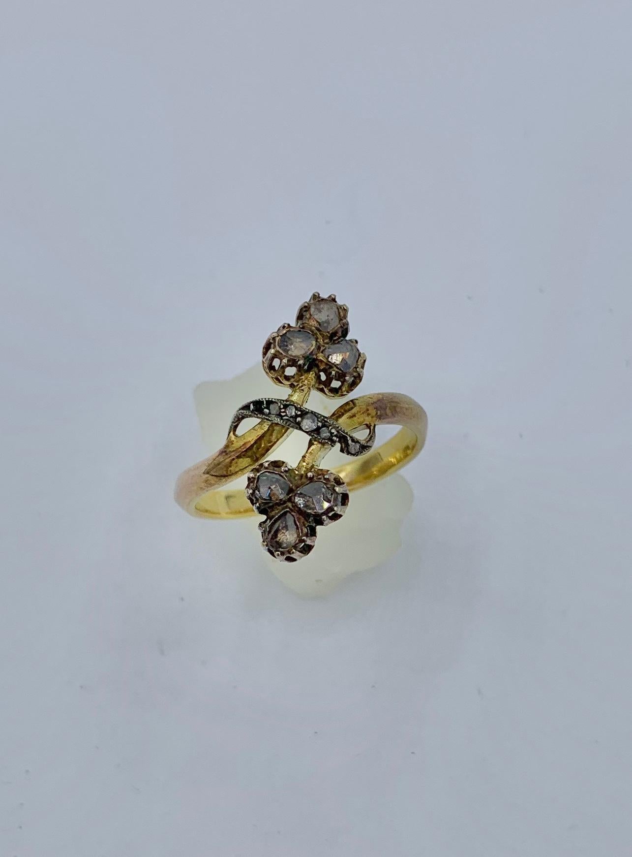 Women's Russian Art Nouveau Rose Cut Diamond Ring Flower Clover 14 Karat Gold For Sale