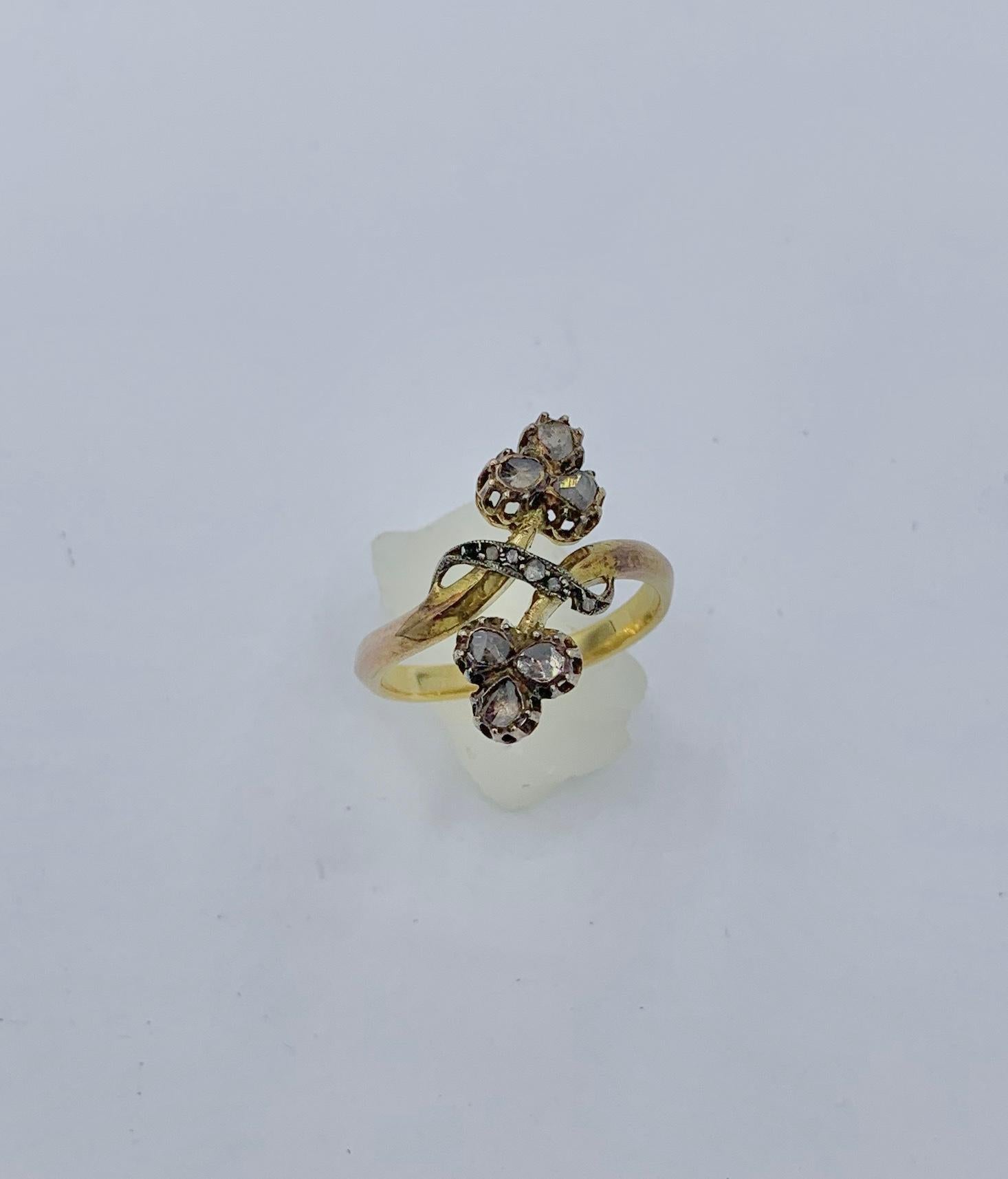 Russian Art Nouveau Rose Cut Diamond Ring Flower Clover 14 Karat Gold For Sale 1