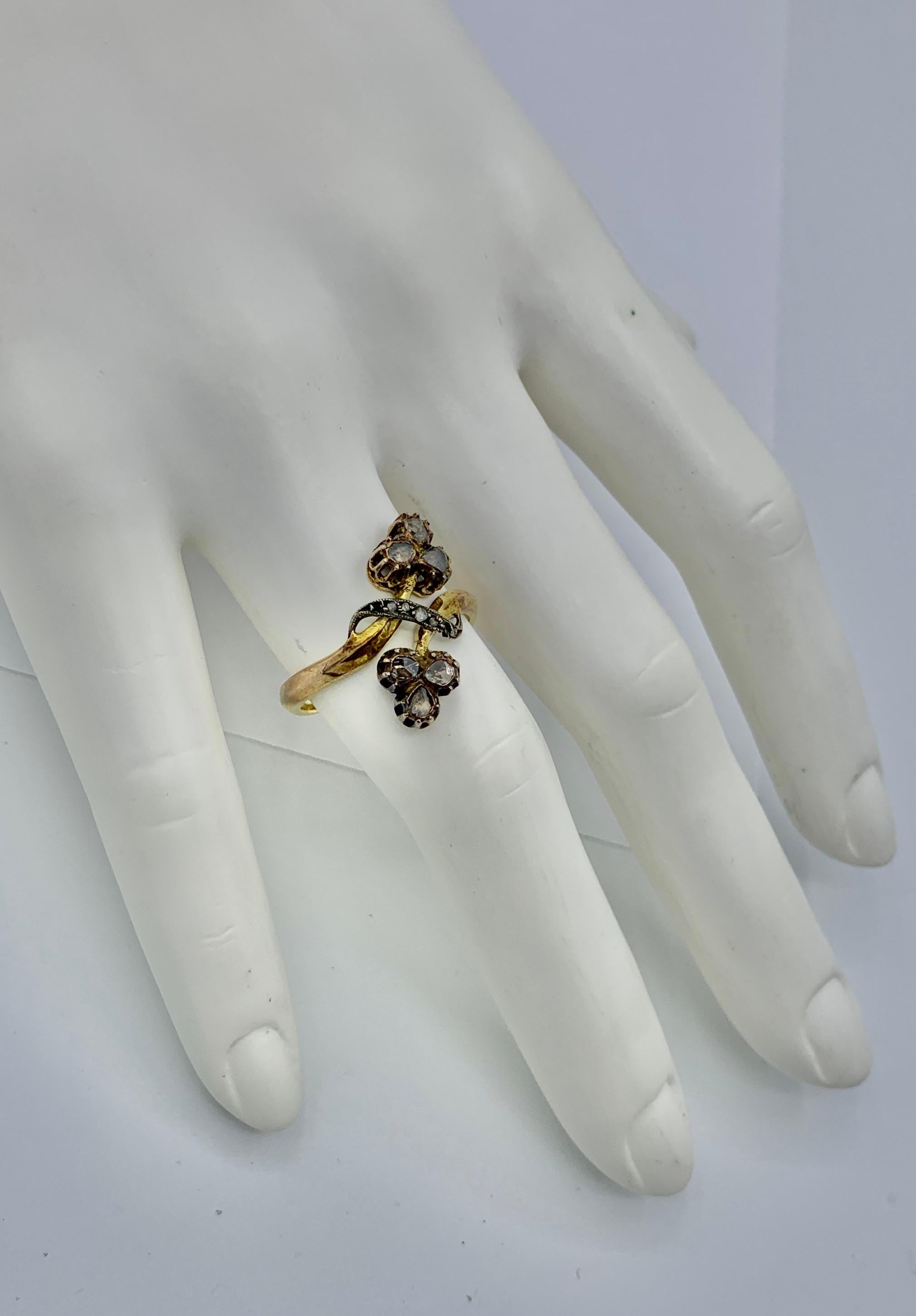Russian Art Nouveau Rose Cut Diamond Ring Flower Clover 14 Karat Gold For Sale 2
