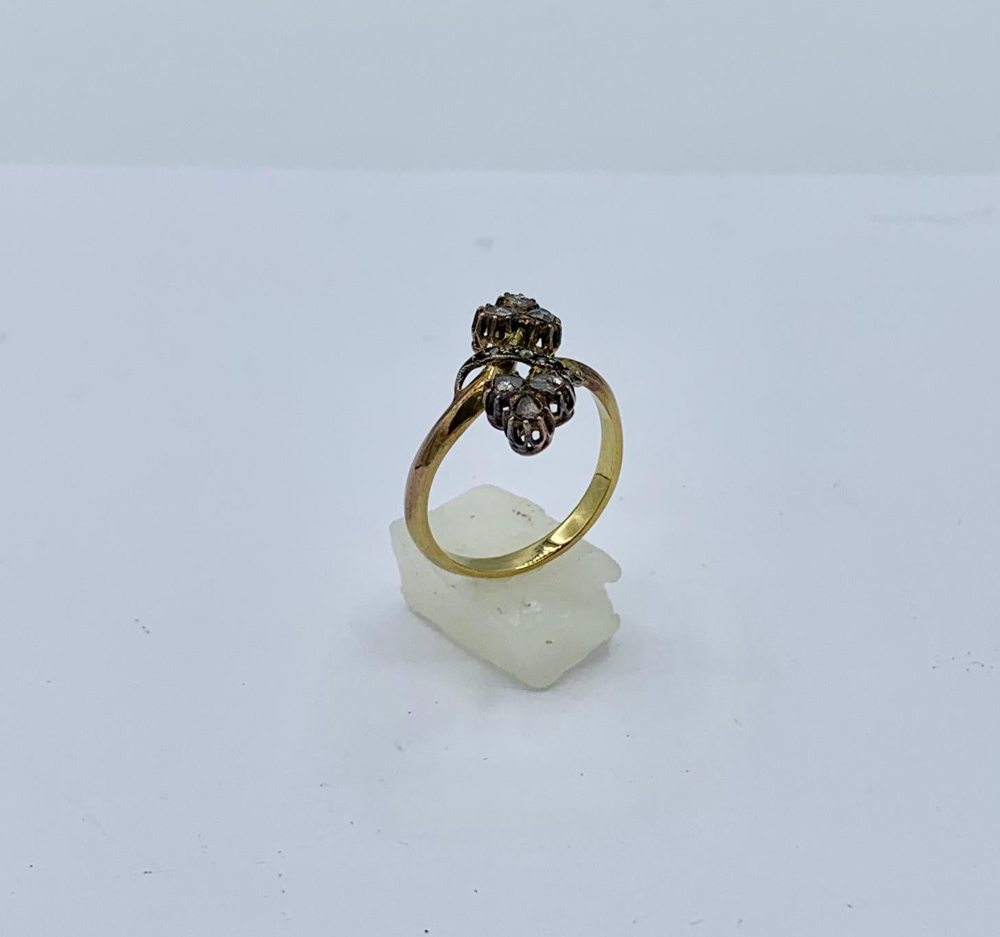 Russian Art Nouveau Rose Cut Diamond Ring Flower Clover 14 Karat Gold For Sale 3